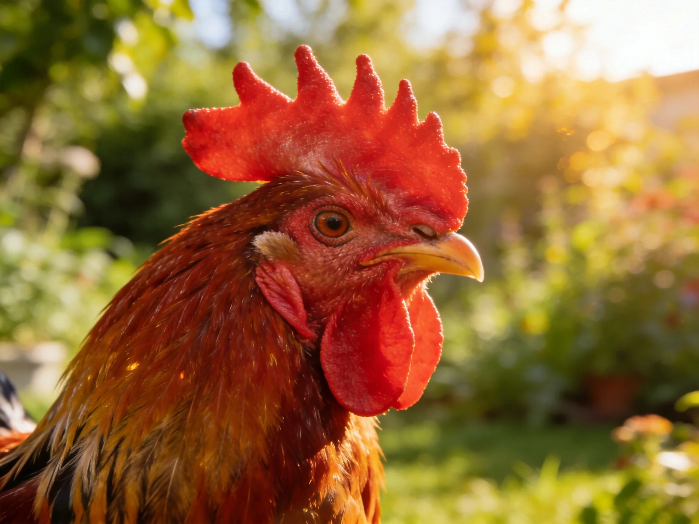 A rooster with bright red comb and wattles in sunlit garden with greenery