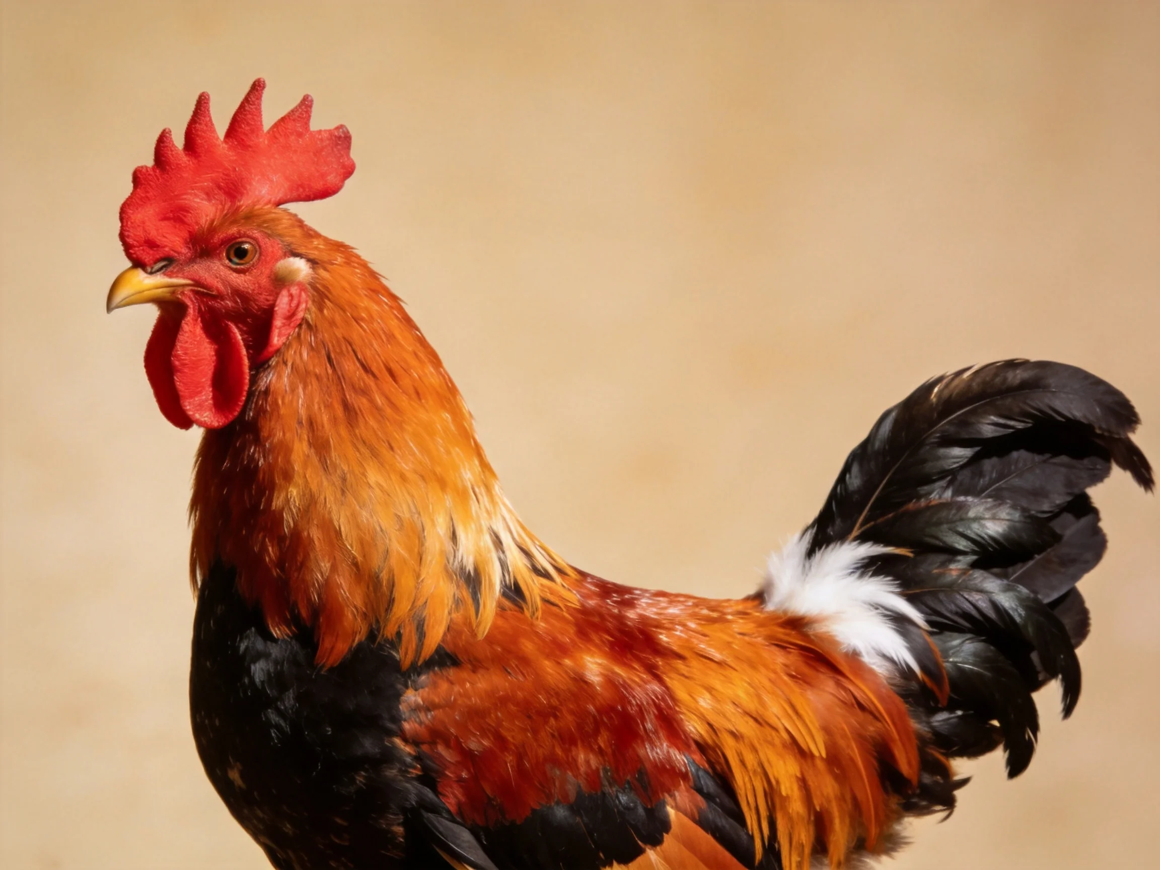 A rooster with bright red comb, brown-orange feathers, and black-tailed plumage