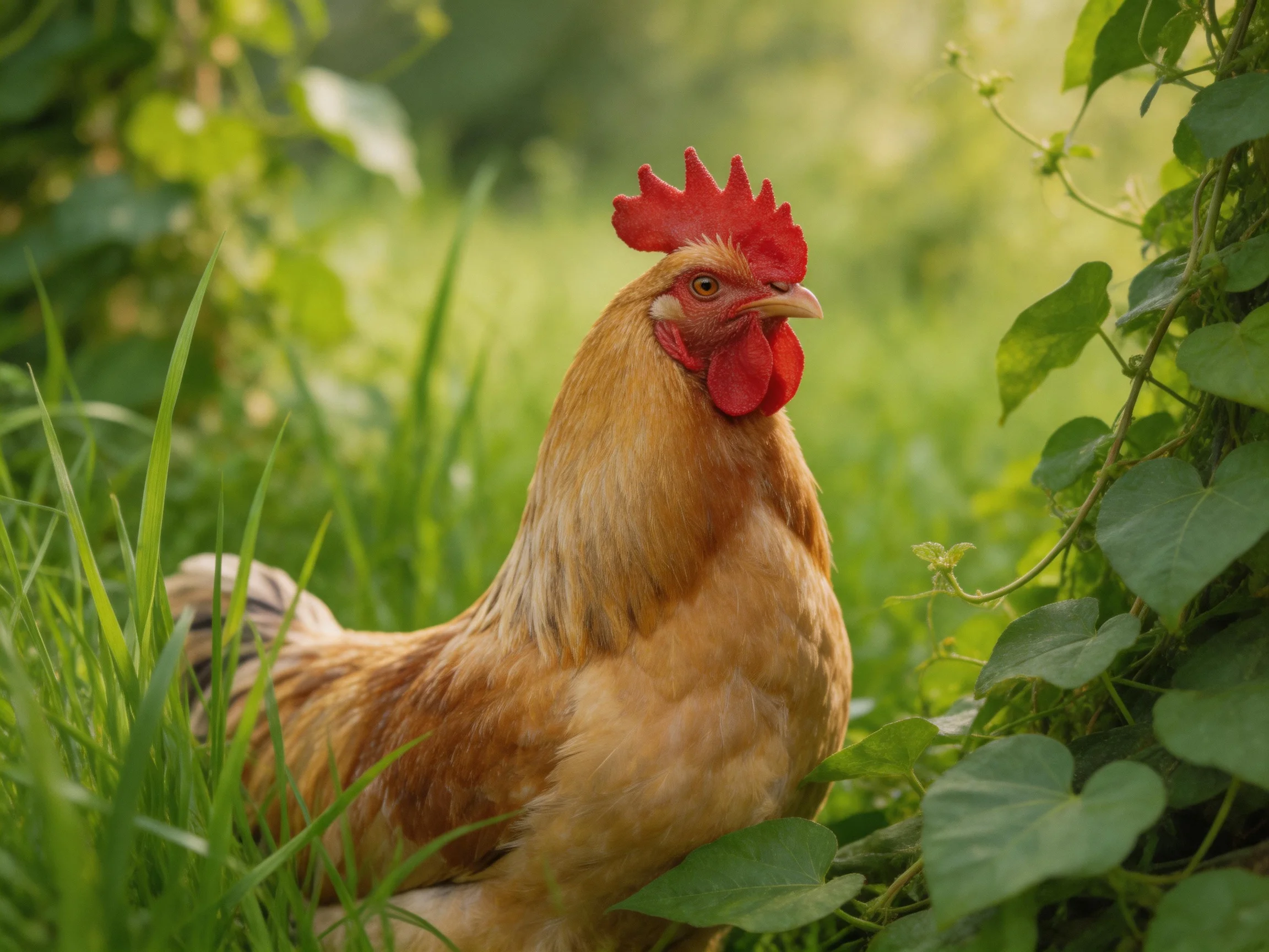 A rooster with a bright red comb is surrounded by tall green grass and foliage.