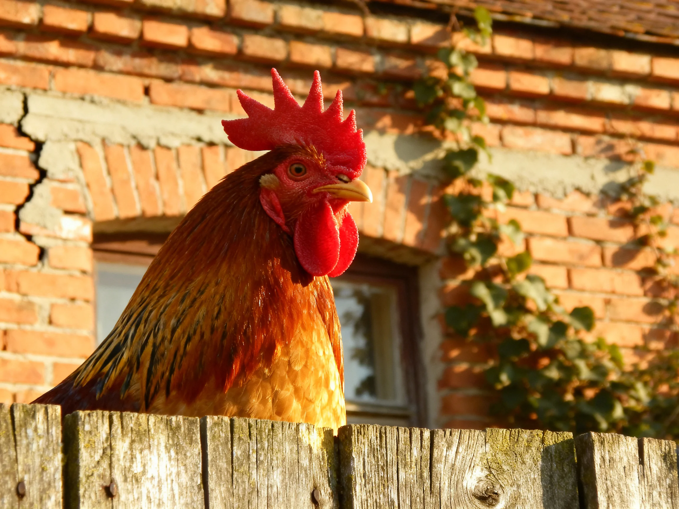 A rooster with a red comb sits on a fence near a brick building.
