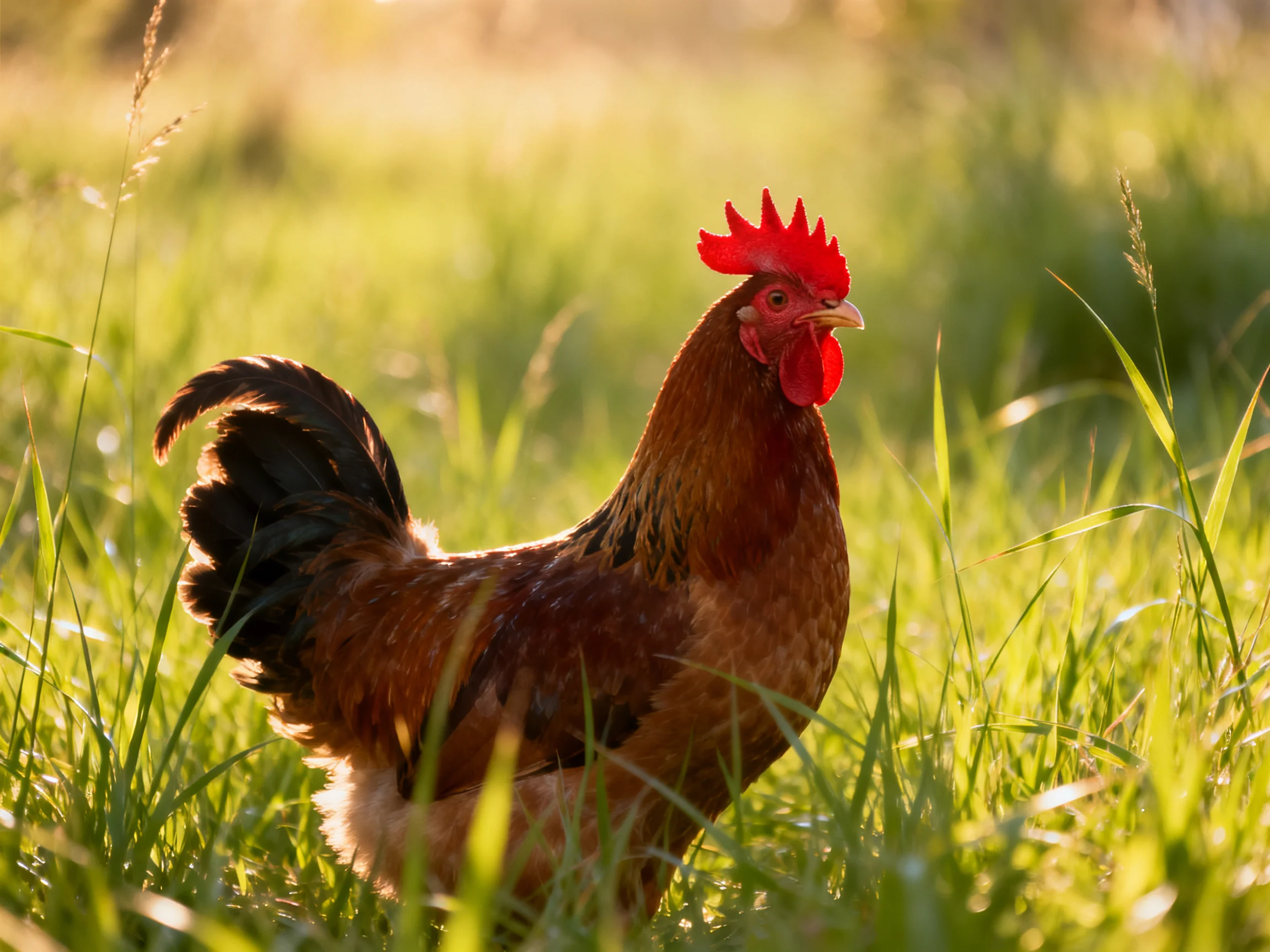 A rooster with bright red comb stands amid tall green grass