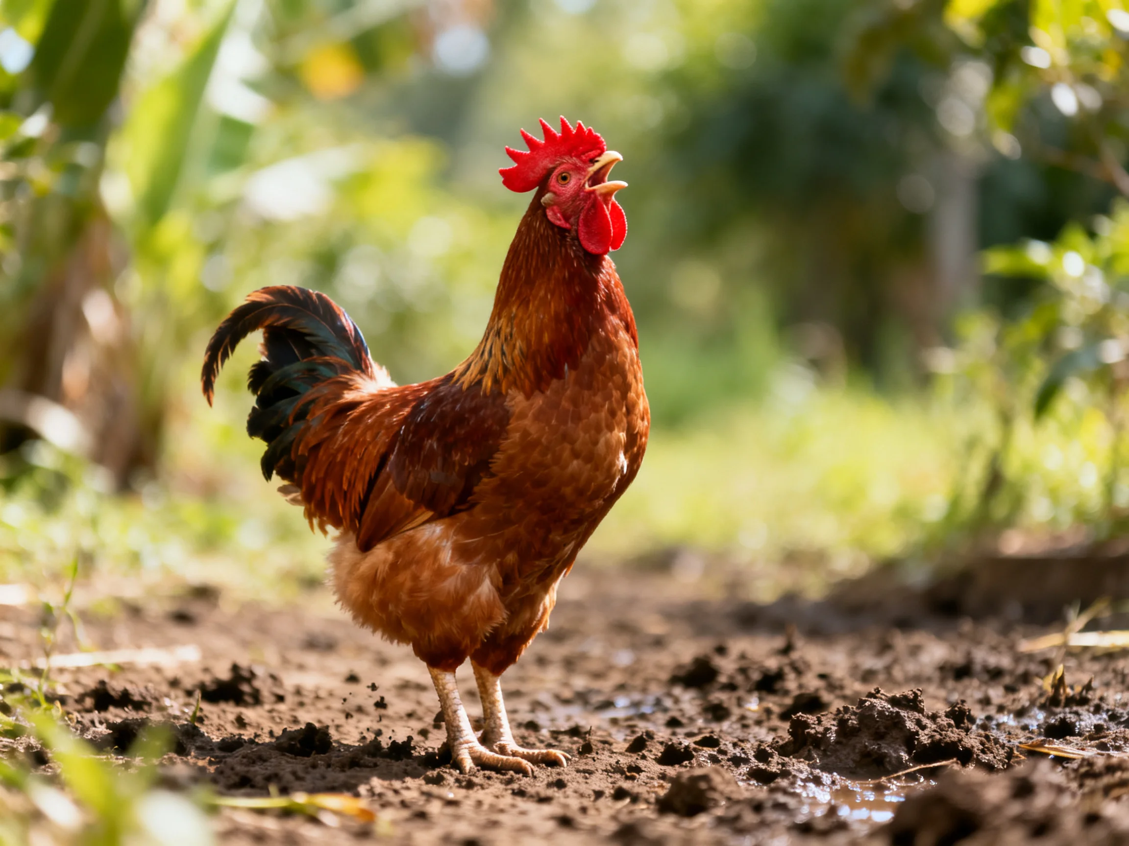 A rooster with bright red comb stands on muddy path amidst greenery