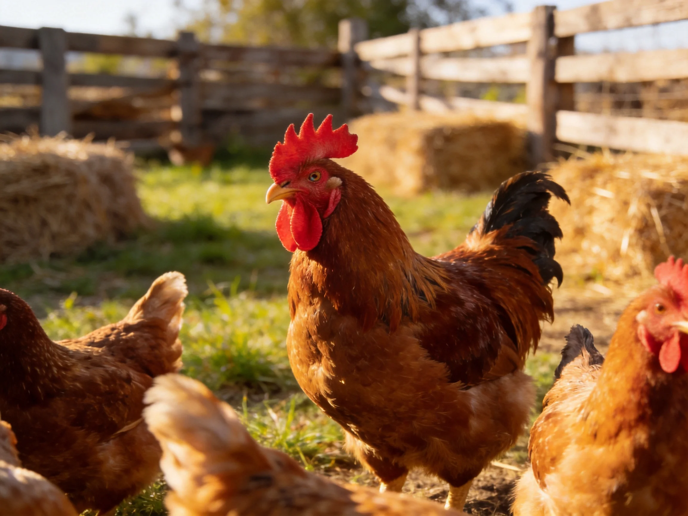 A rooster with bright red comb surrounded by brown chickens in a farmyard