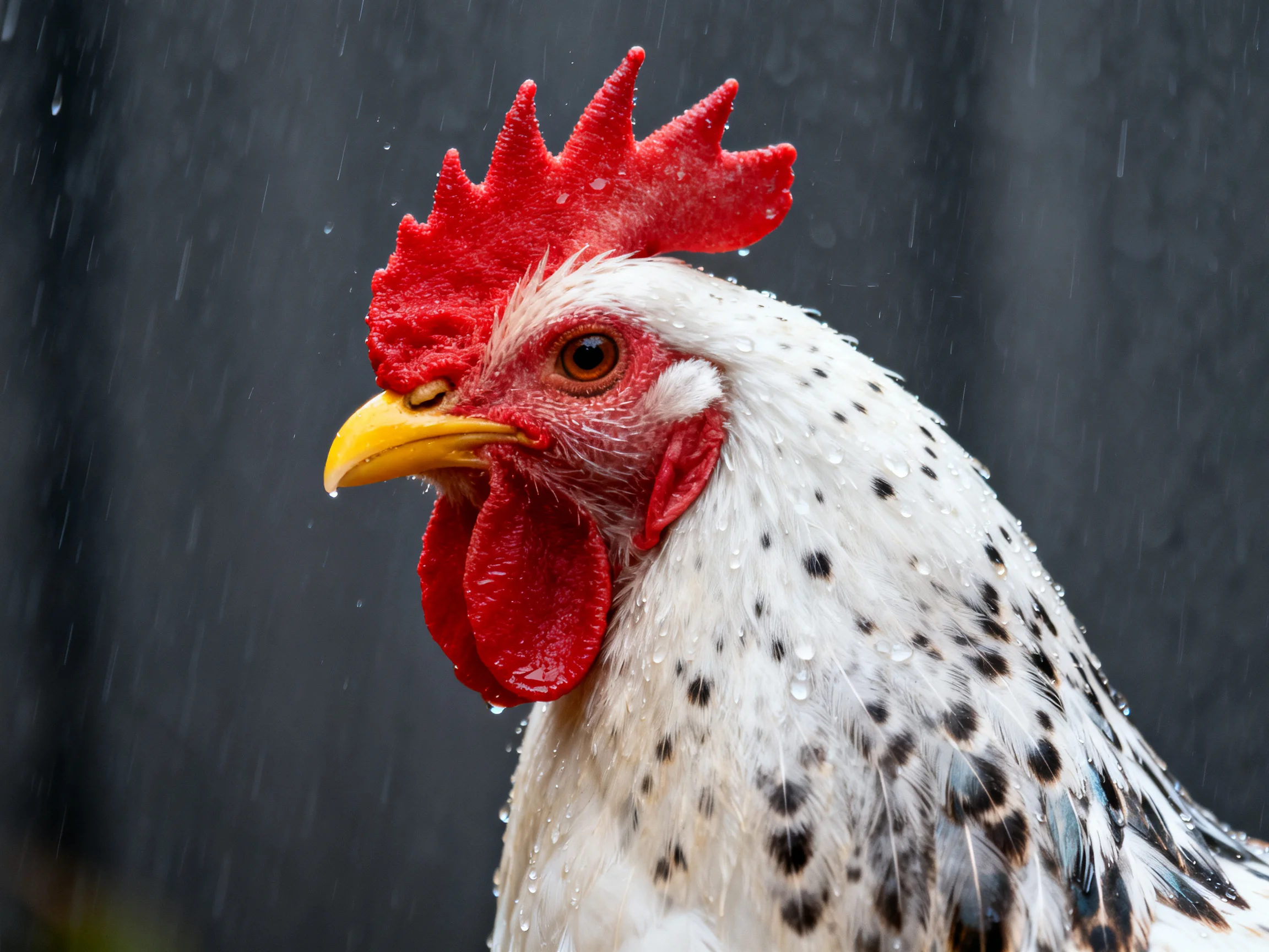A rooster with red comb and spotted feathers stands in rain