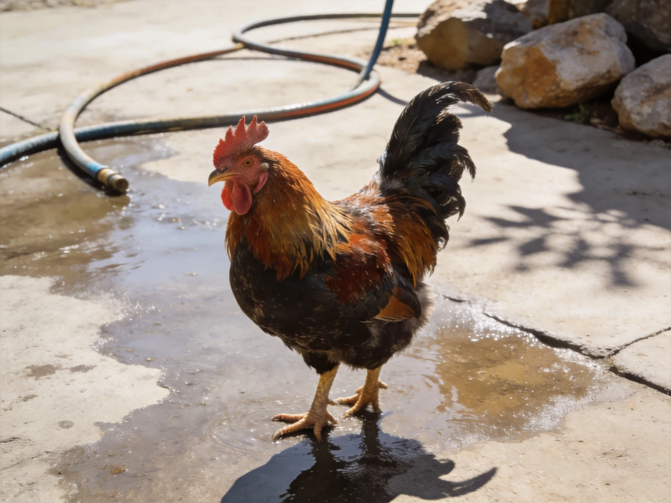 A rooster stands on wet concrete with hoses nearby in an outdoor area.