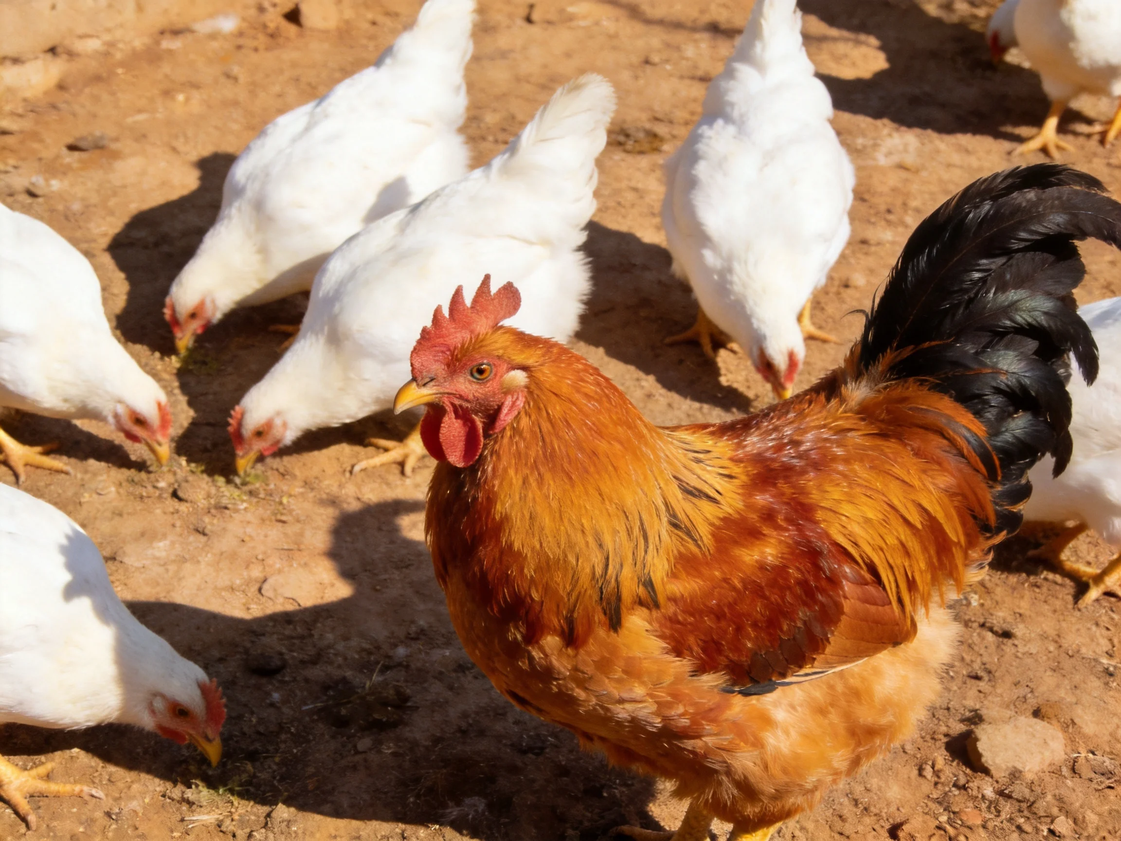 A rooster stands among white chickens pecking at dirt ground.