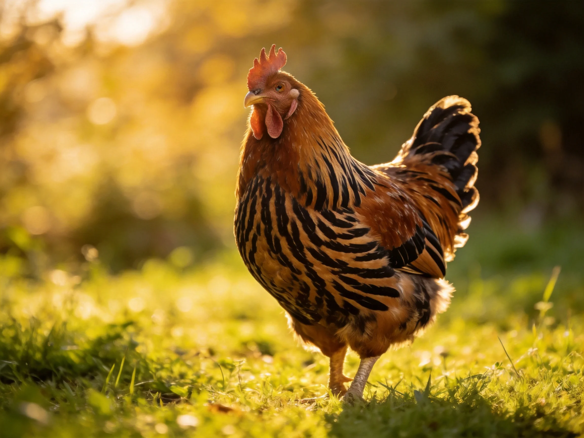 A rooster with brown and black striped feathers stands on sunlit grass