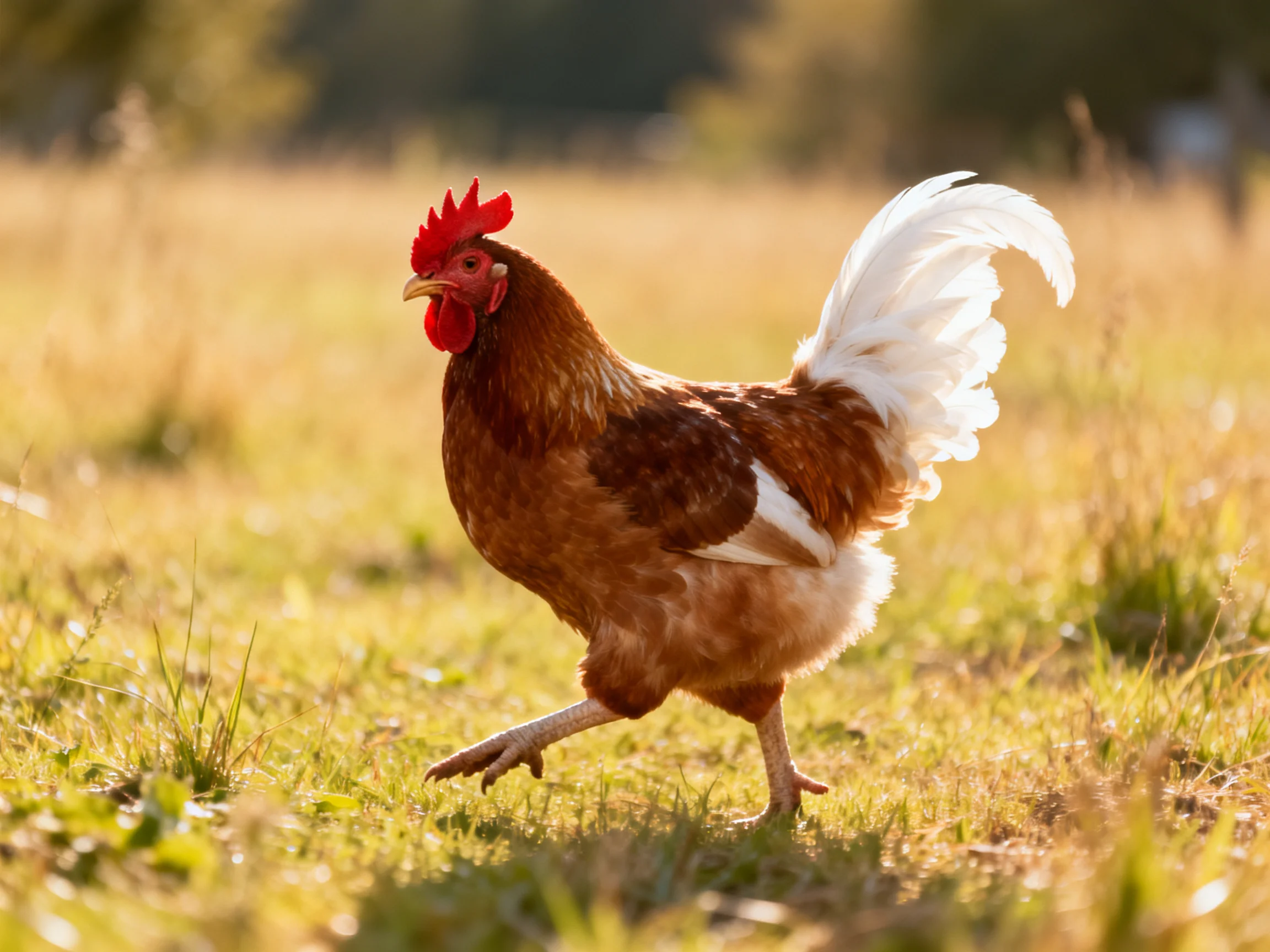 A rooster with brown and white plumage and a bright red comb moves through a sunlit field