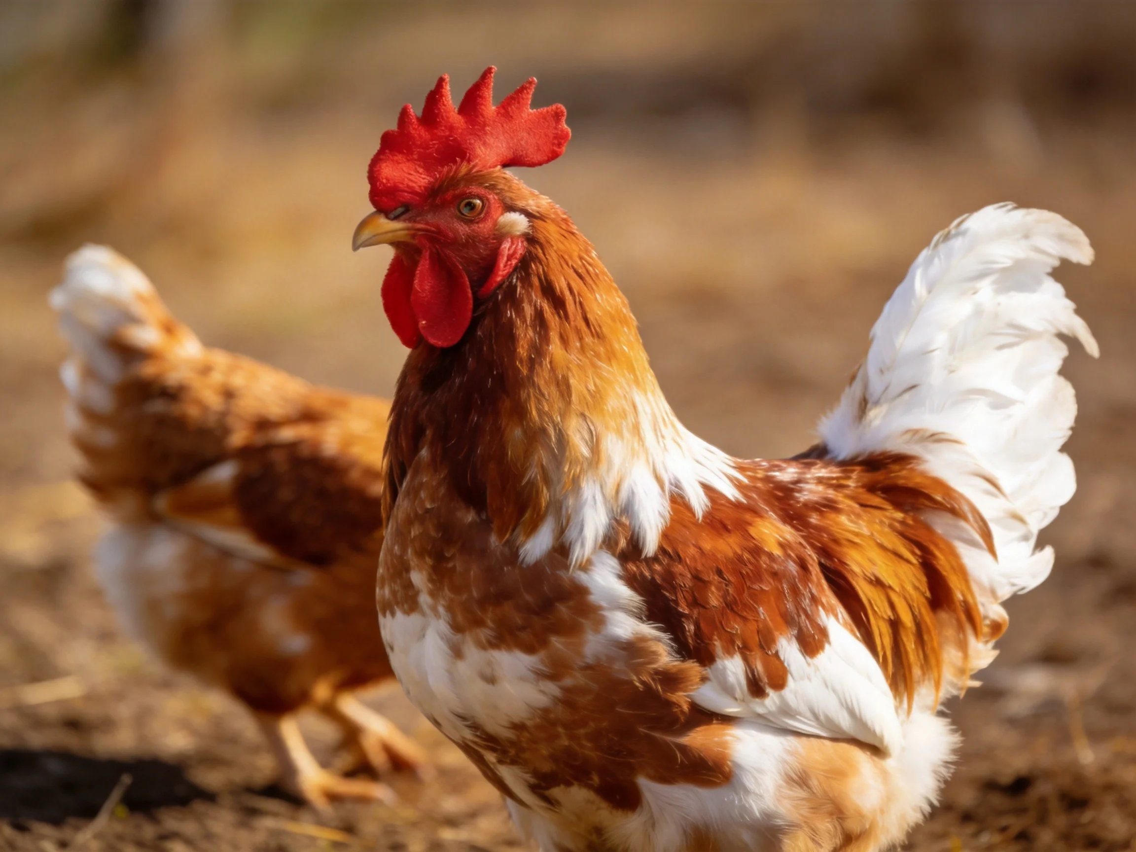 A rooster with brown and white plumage stands beside a chicken in an outdoor setting