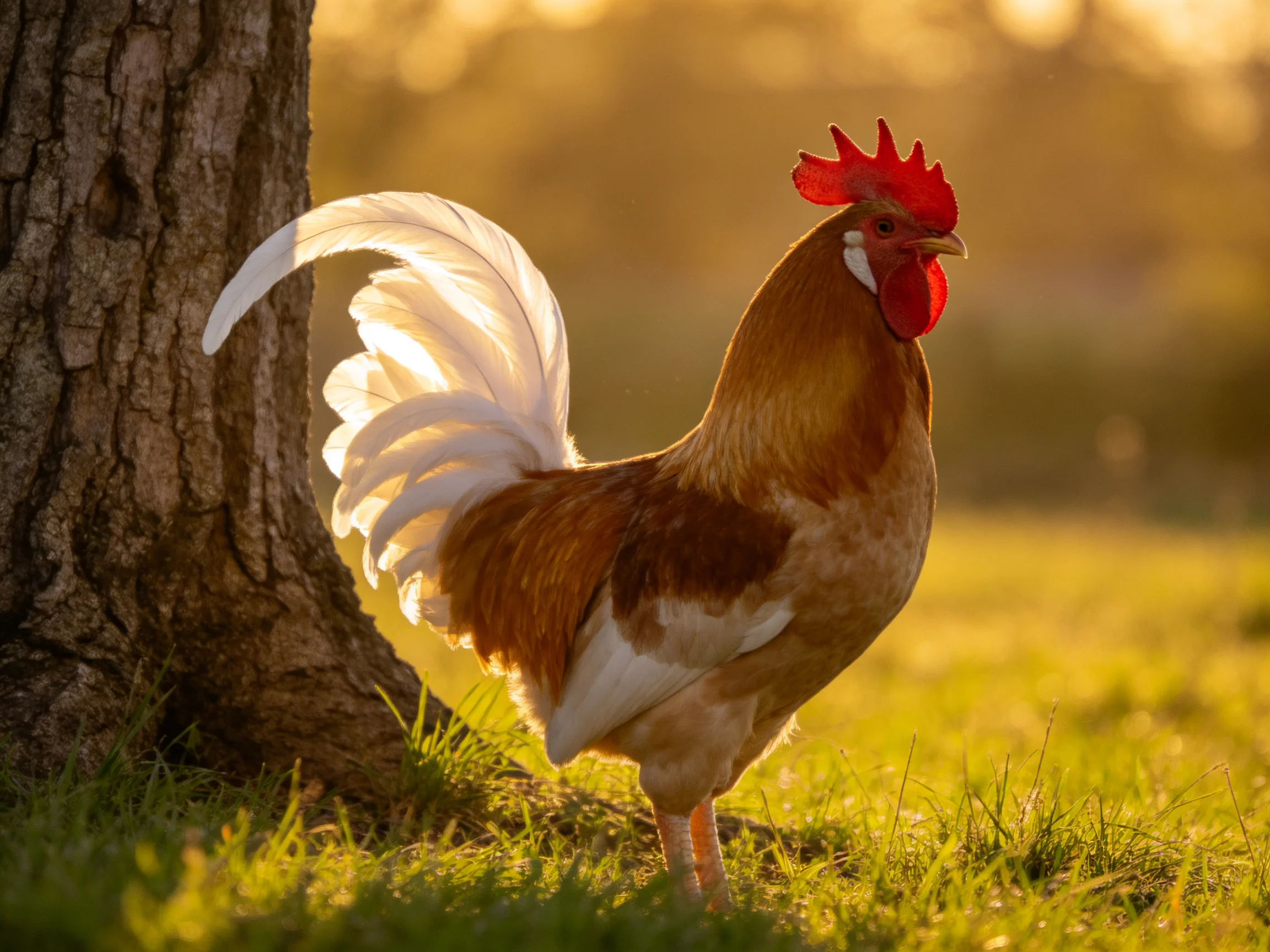 A rooster with brown and white plumage stands beside a gnarled tree in golden sunlight.