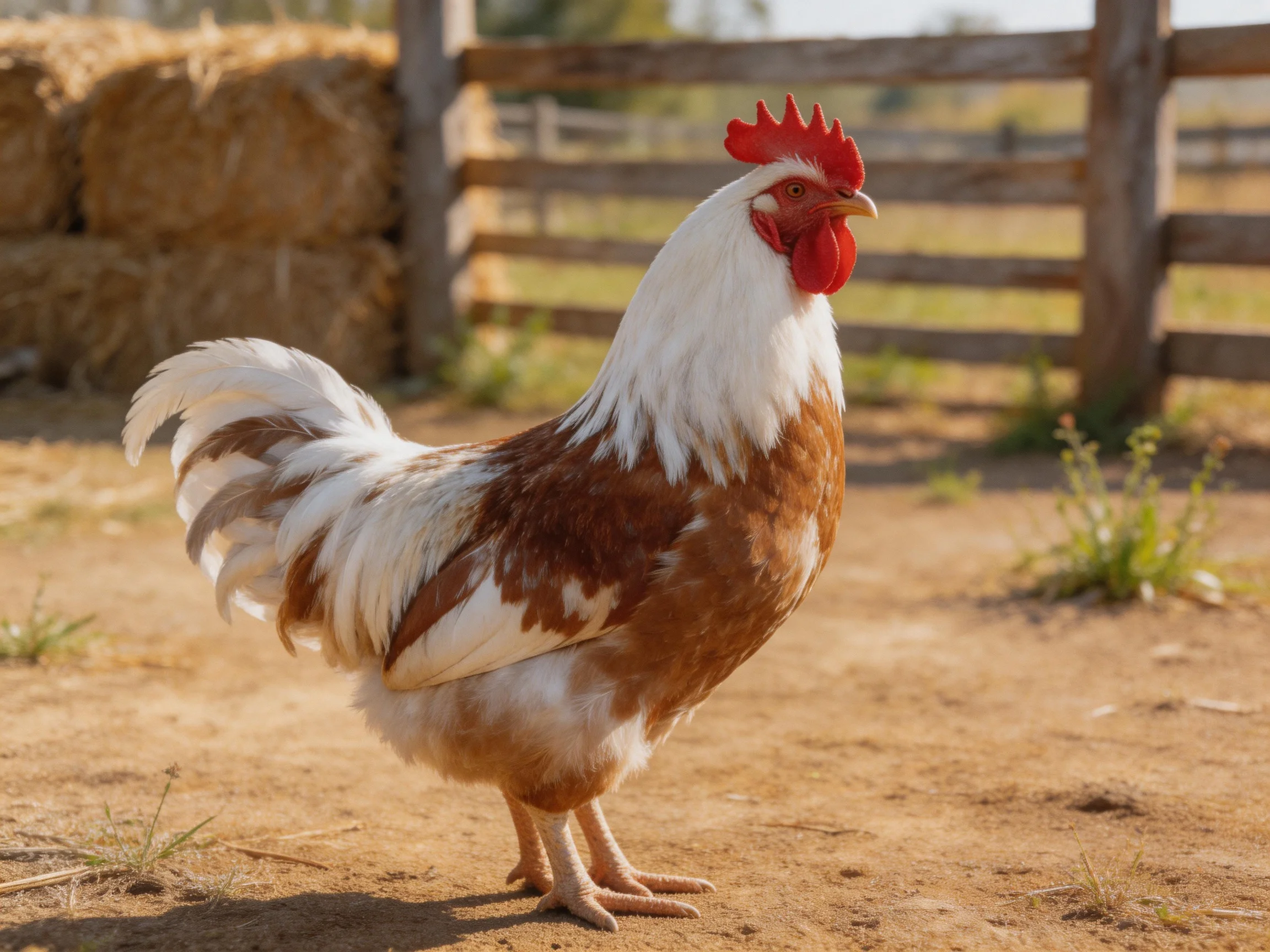 A rooster with brown and white feathers stands on a farm area near farm structures.