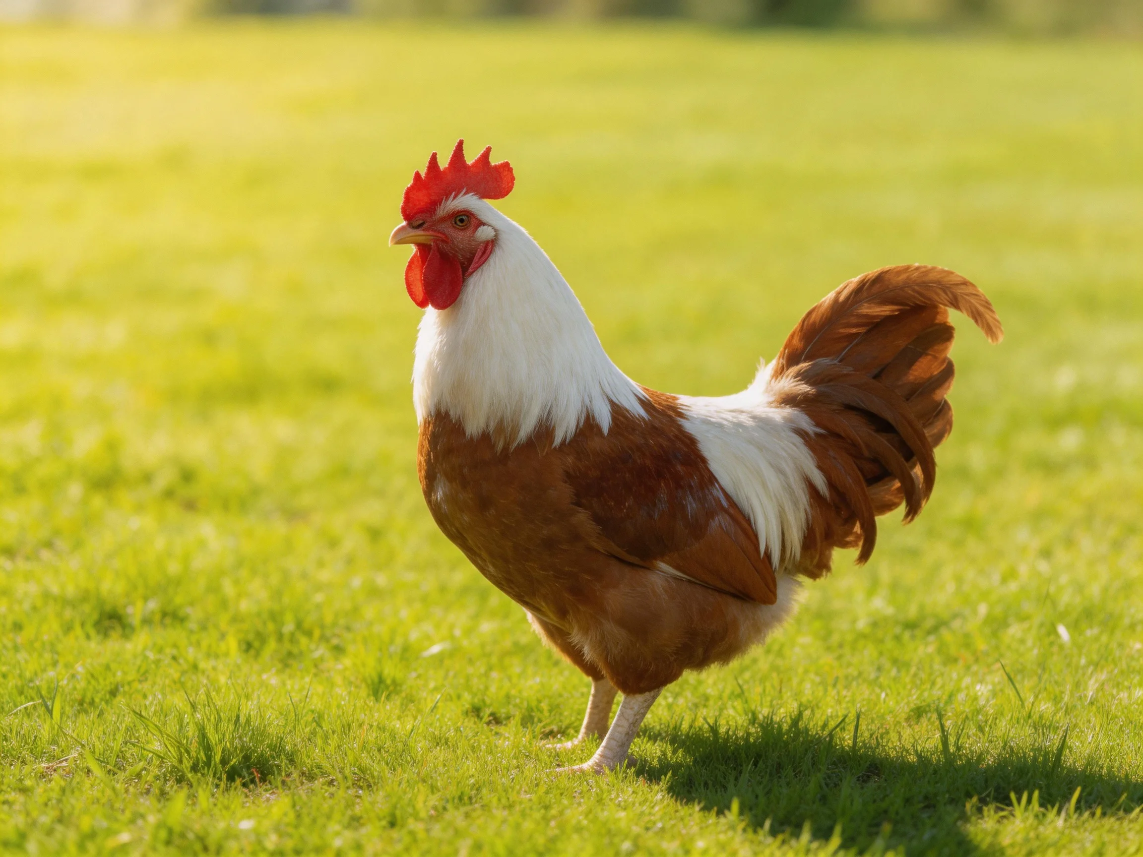A rooster with brown and white feathers walks on a sunlit grassy field.