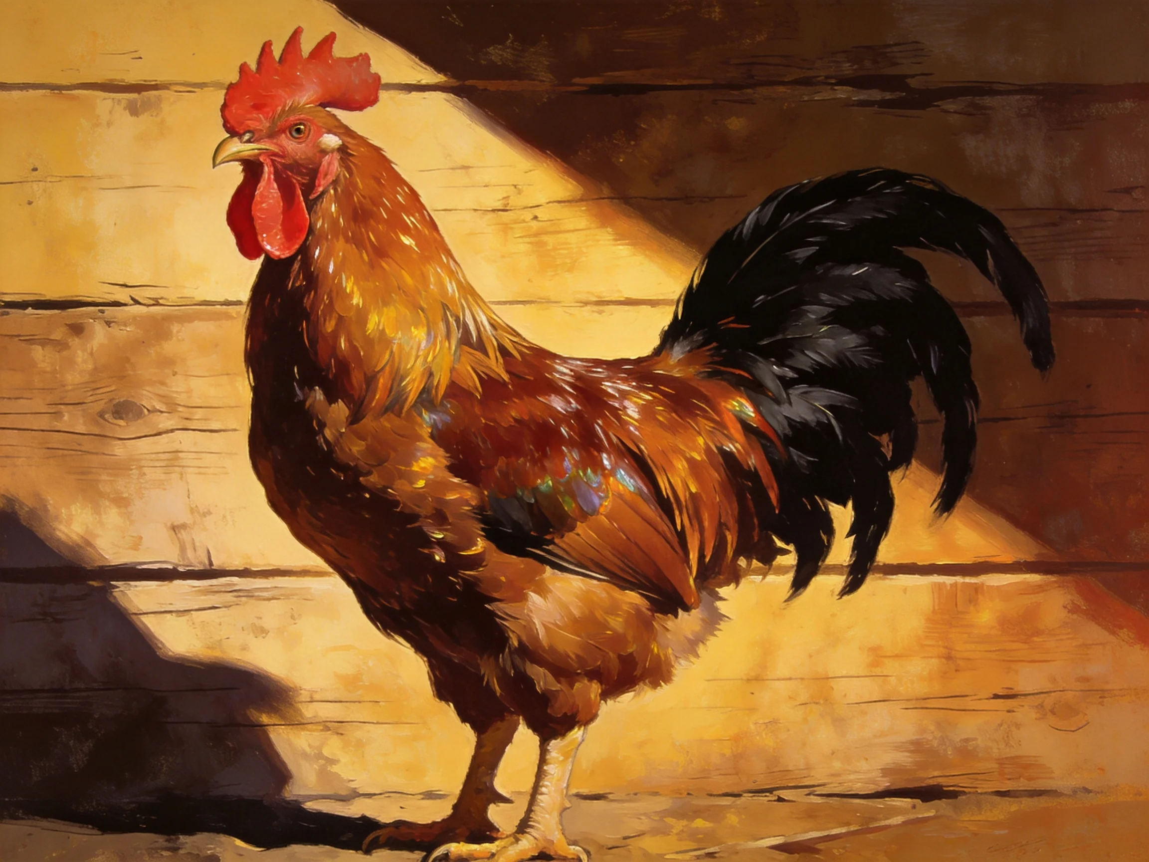 A rooster with brown, black, and red features near wooden walls