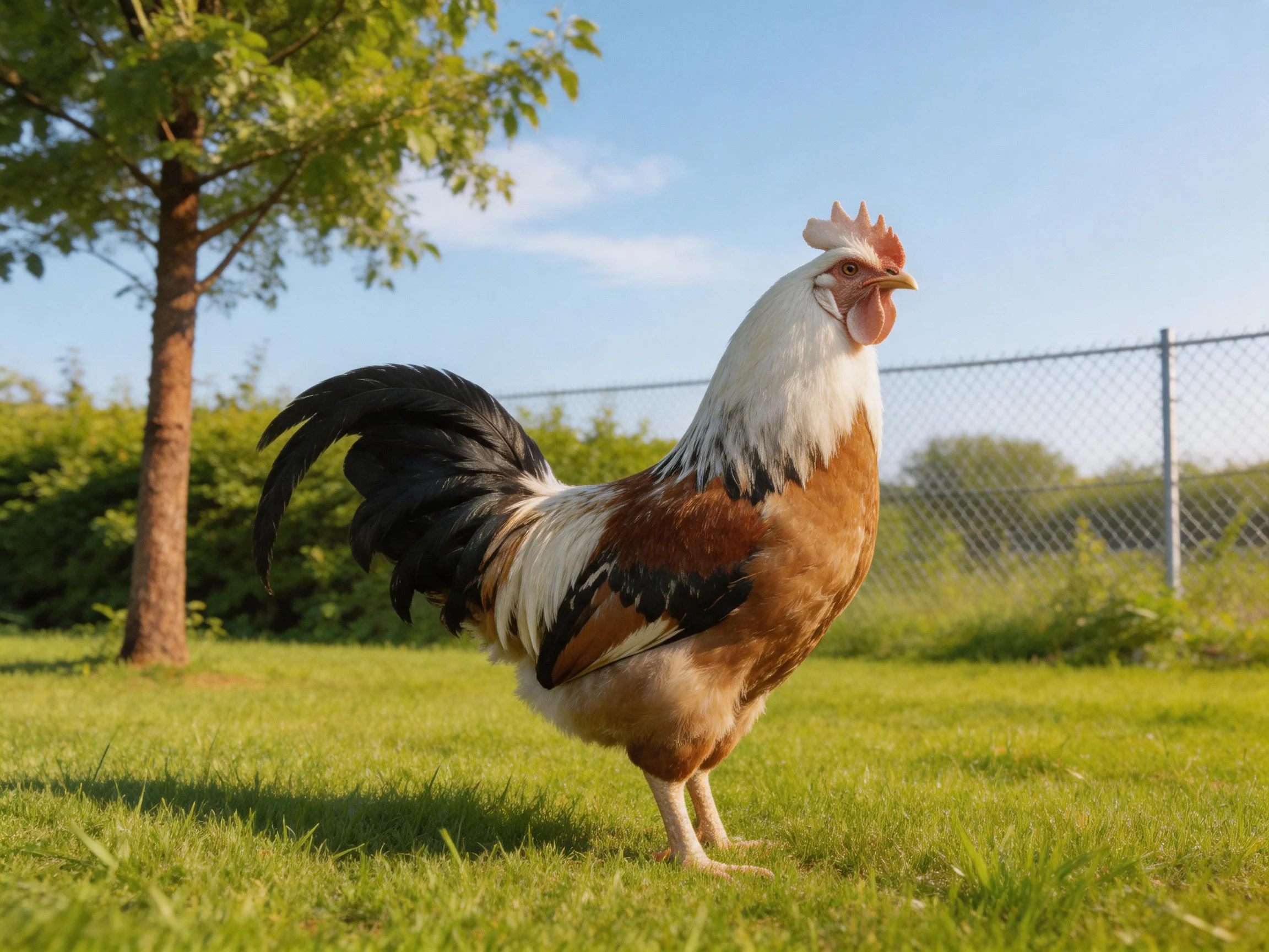 A rooster with brown, white, and black feathers on green grass