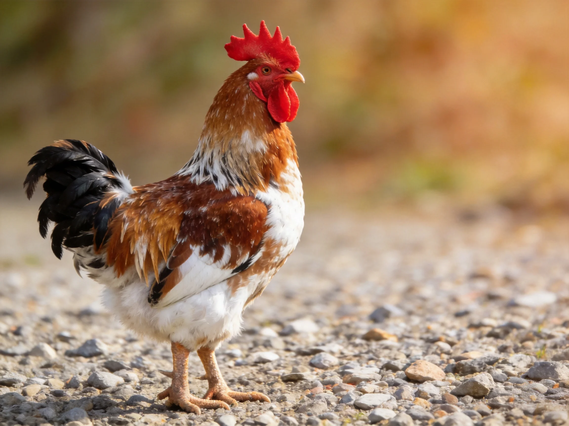A rooster with multicolored feathers stands on gravel in a sunlit outdoor area.