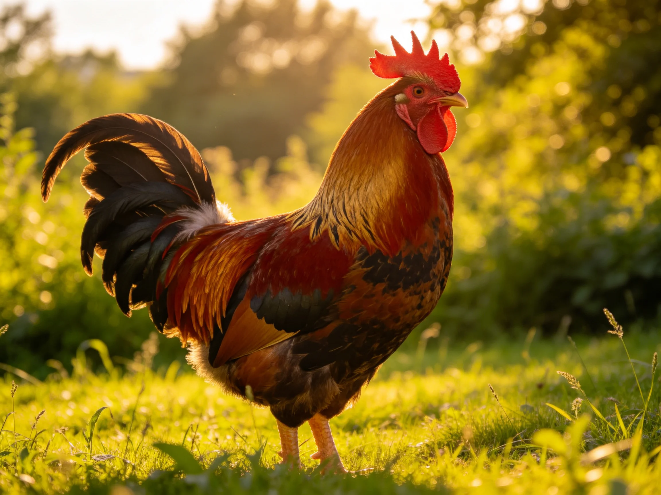 A rooster with colorful feathers stands in sunlit greenery