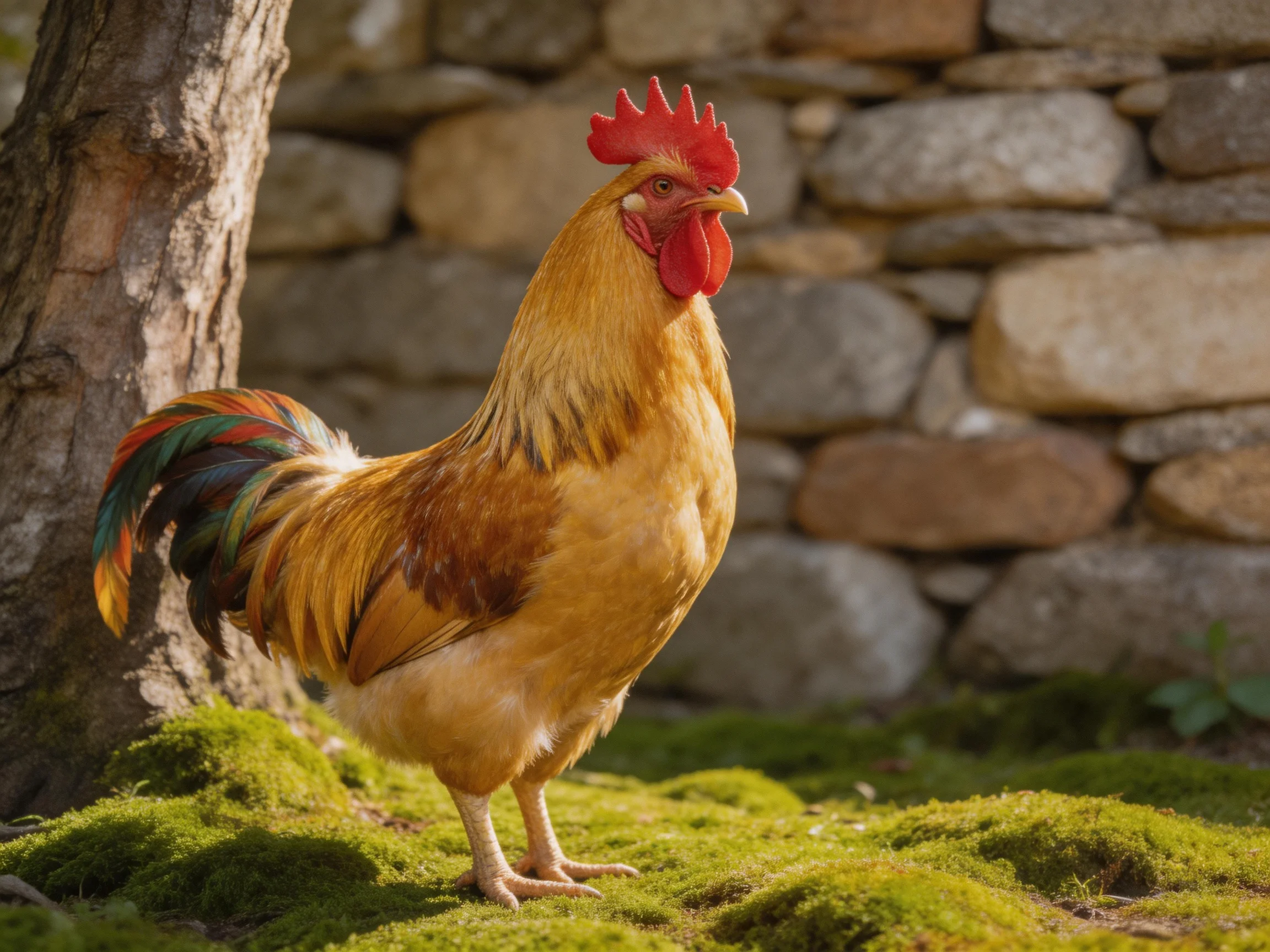 A rooster with colorful tail feathers stands on moss near a stone wall