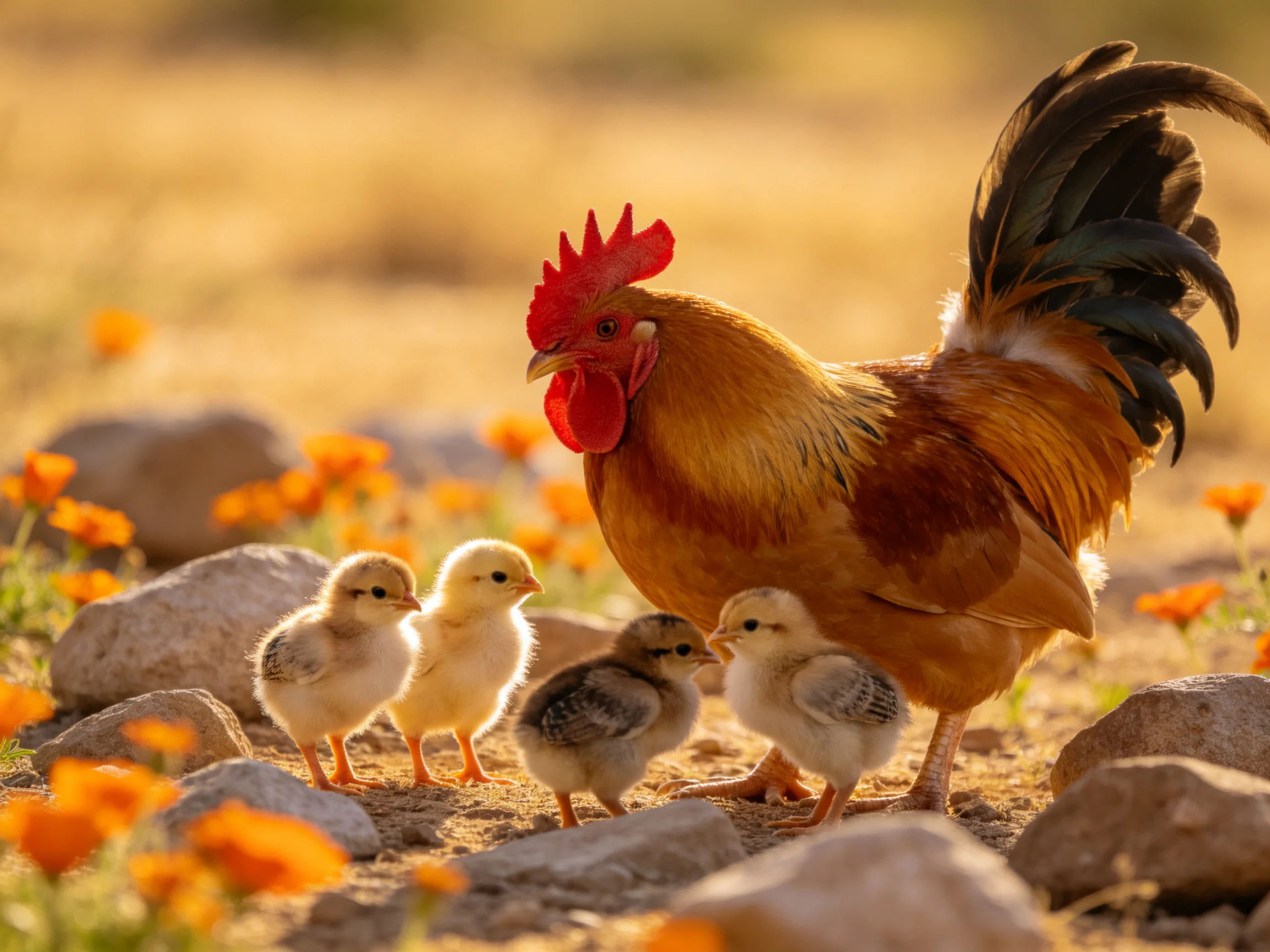A rooster with four chicks near orange flowers and rocks