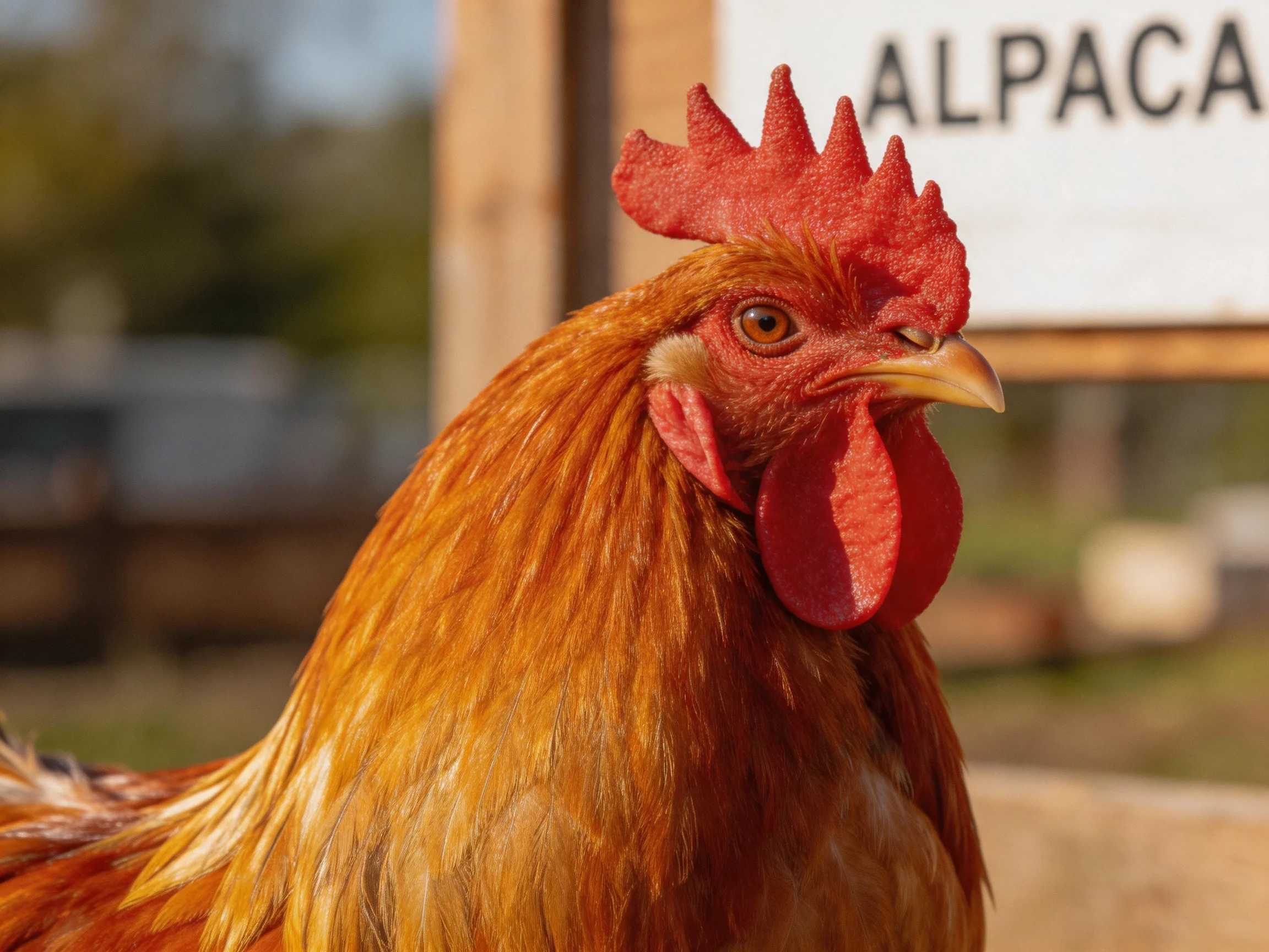 A rooster with golden-orange feathers and bright red comb near an alpaca sign