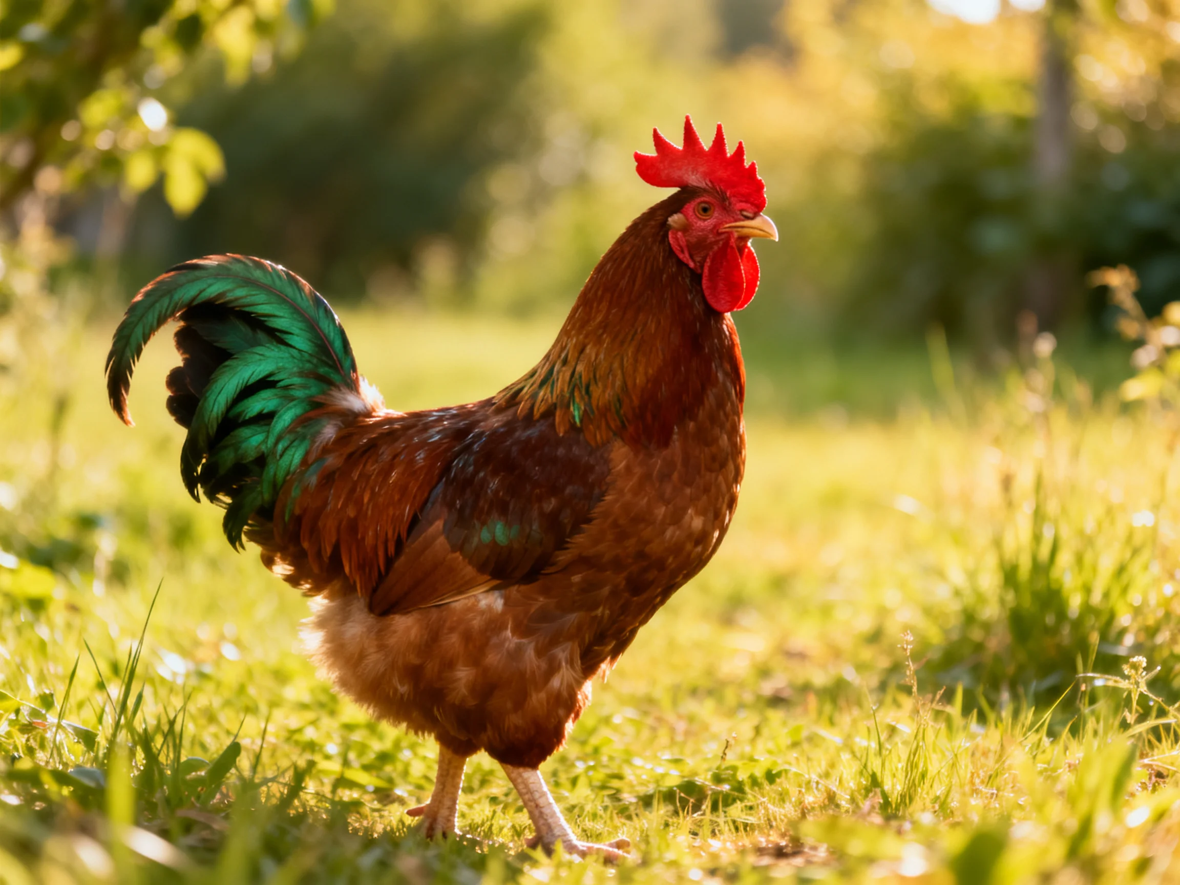 A rooster with green tail and red comb stands on sunlit grass