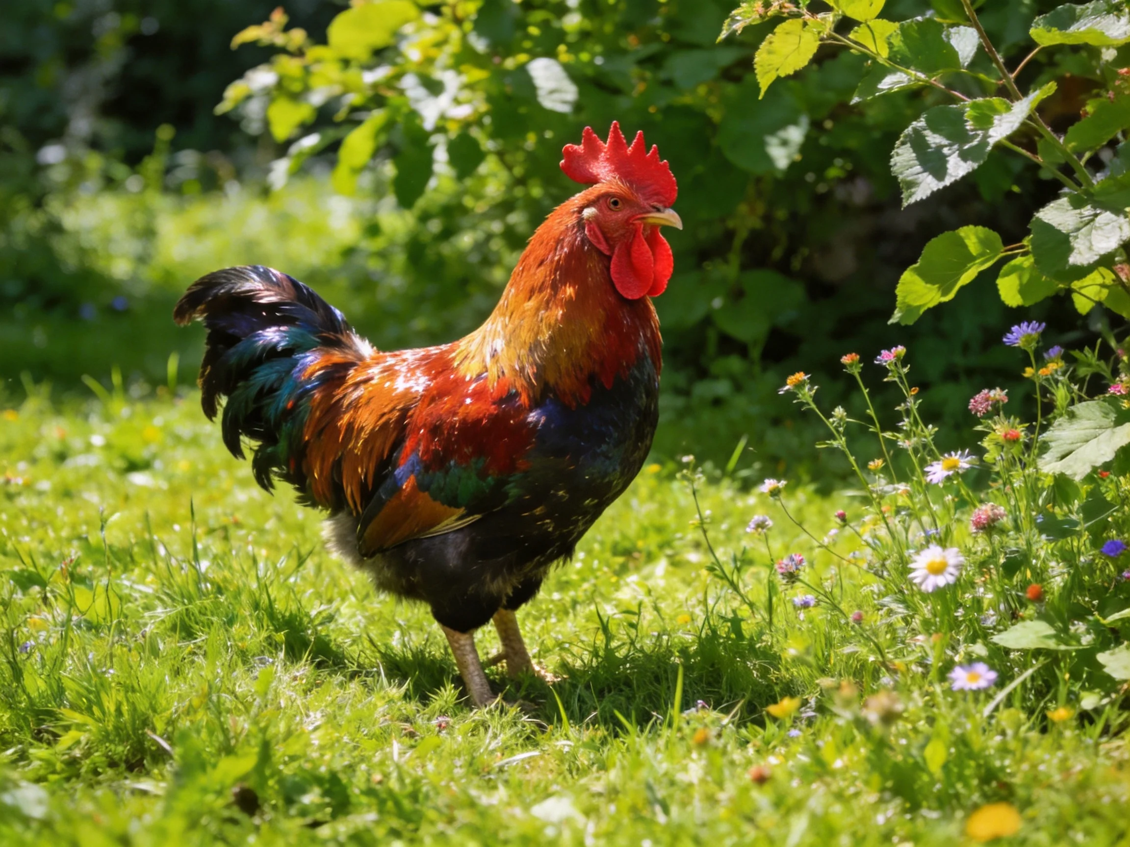A rooster with vibrant plumage stands in a sunlit, grassy area with vegetation.
