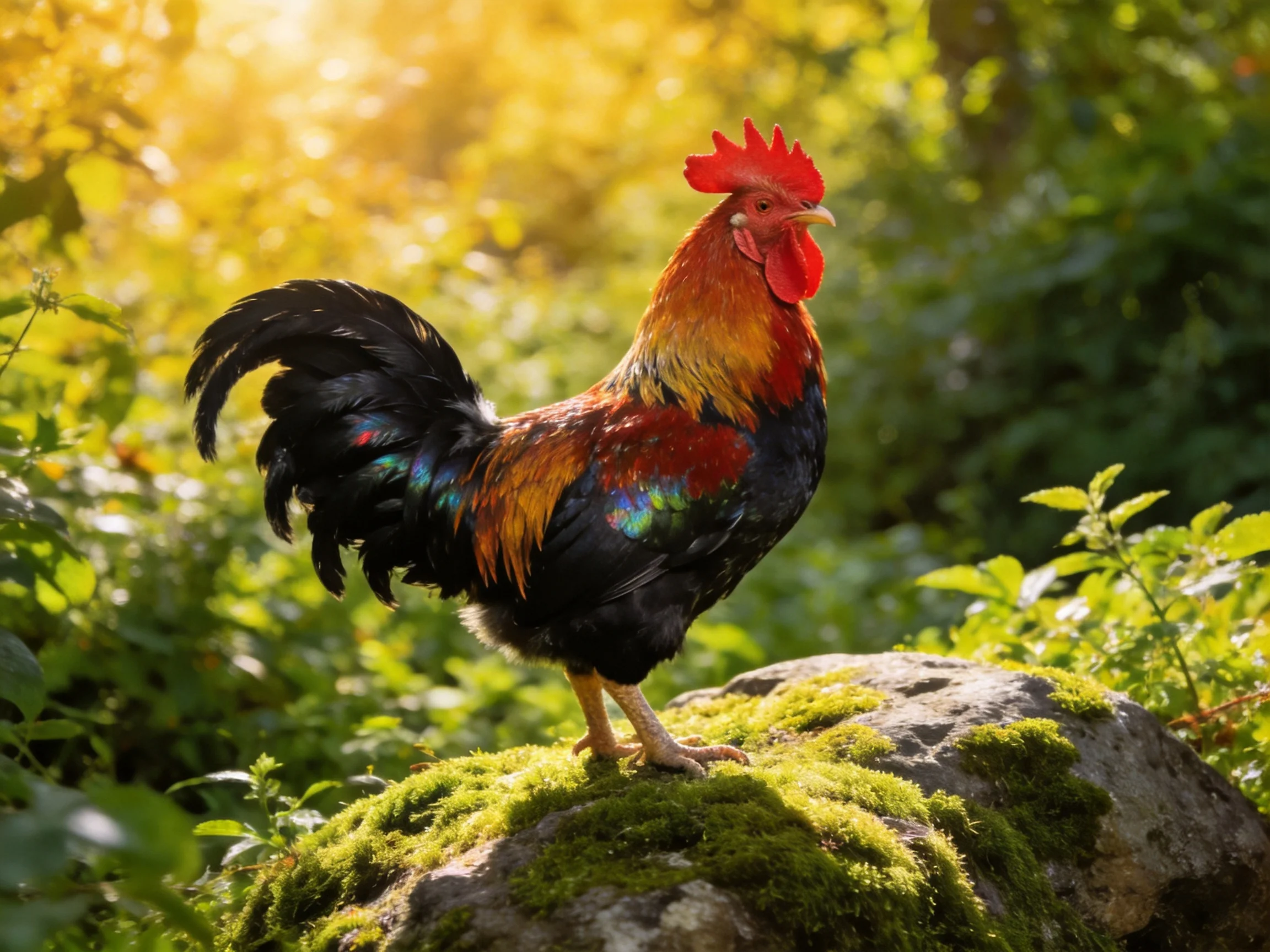A rooster with multicolored plumage perches on a mossy rock in a sunlit woodland