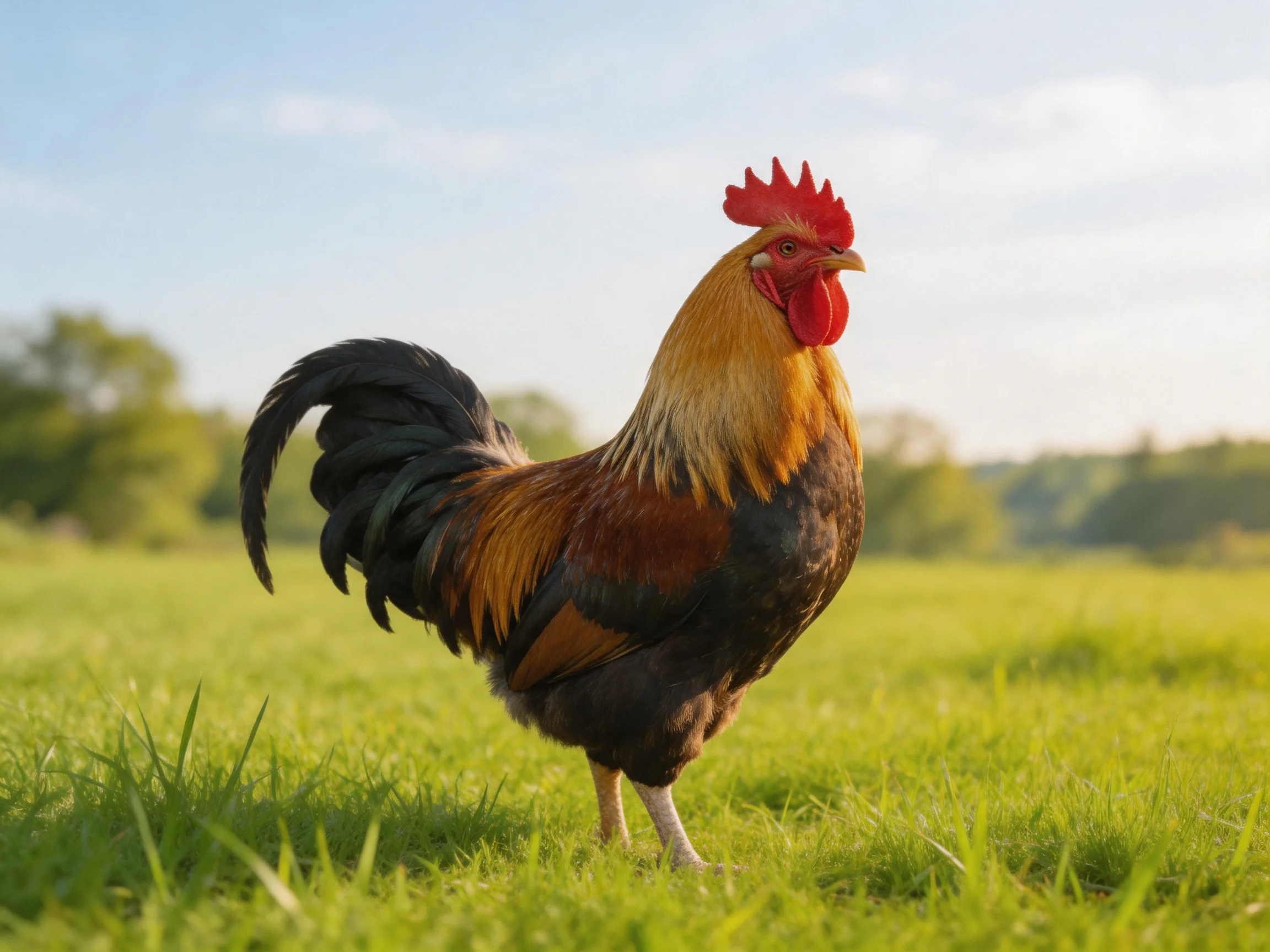A rooster with colorful plumage stands in a sunlit grassy meadow.