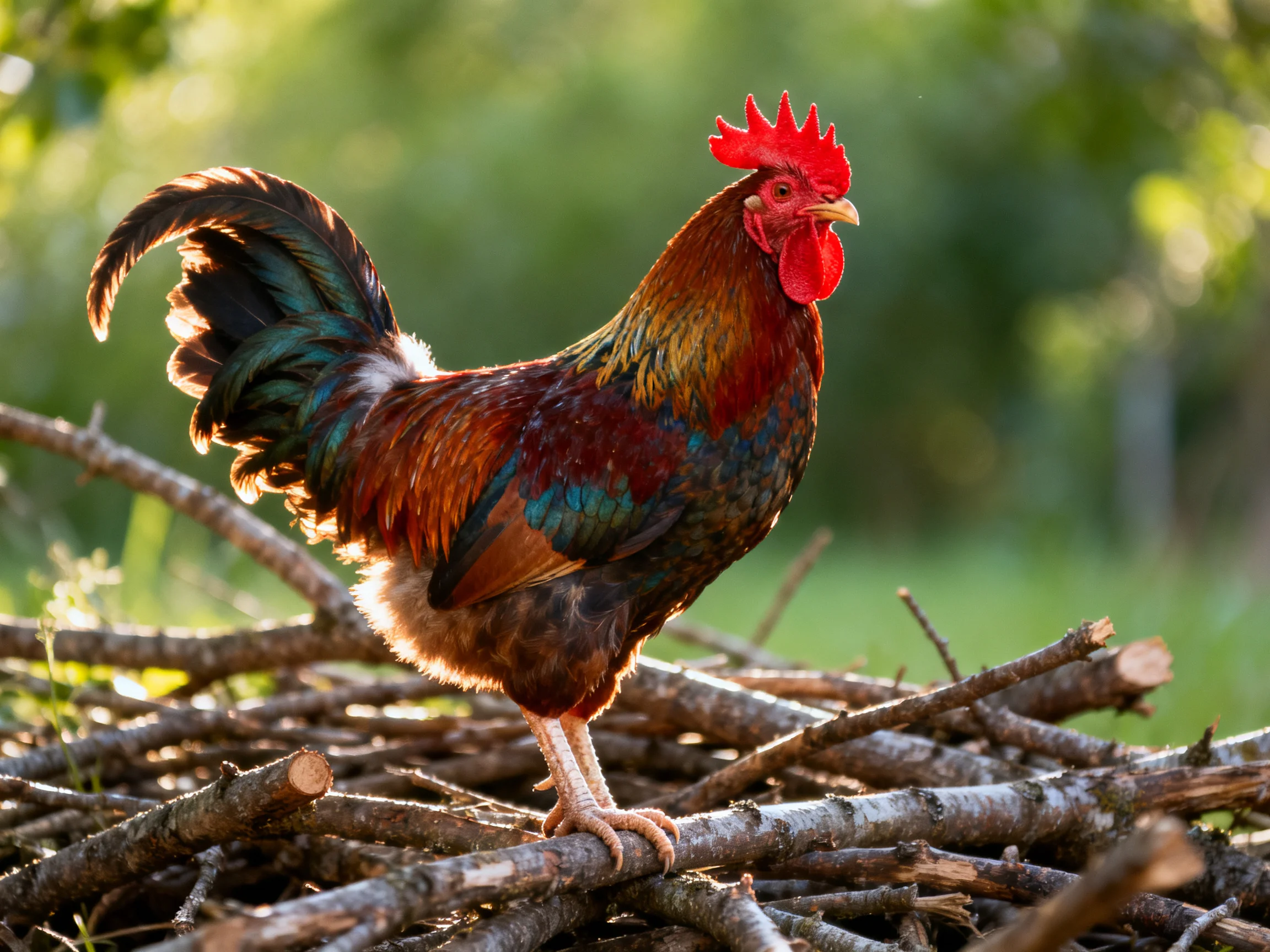 A rooster with multicolored plumage stands on stacked wooden branches