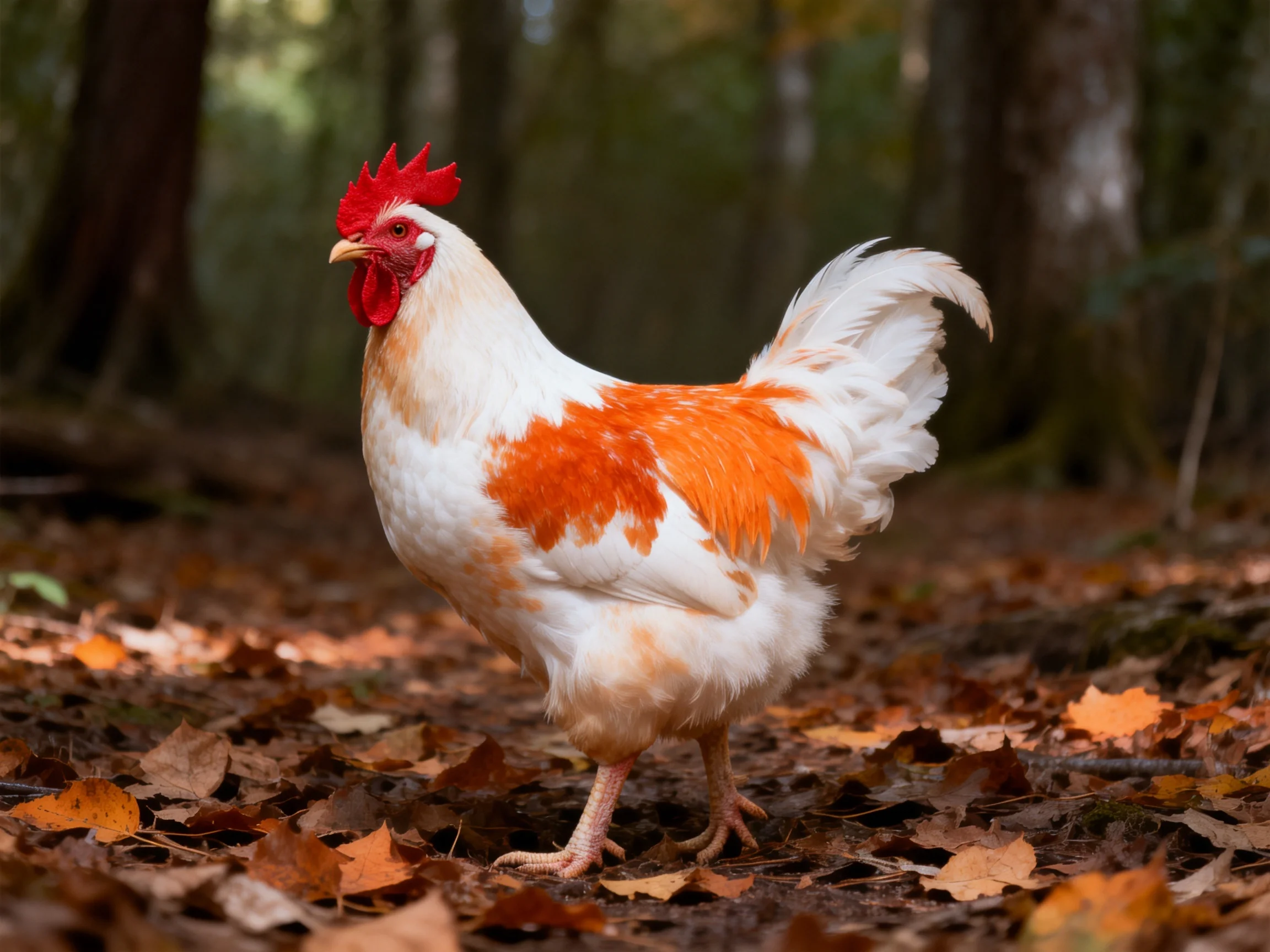 A rooster with orange and white plumage stands on a forest floor with fallen leaves