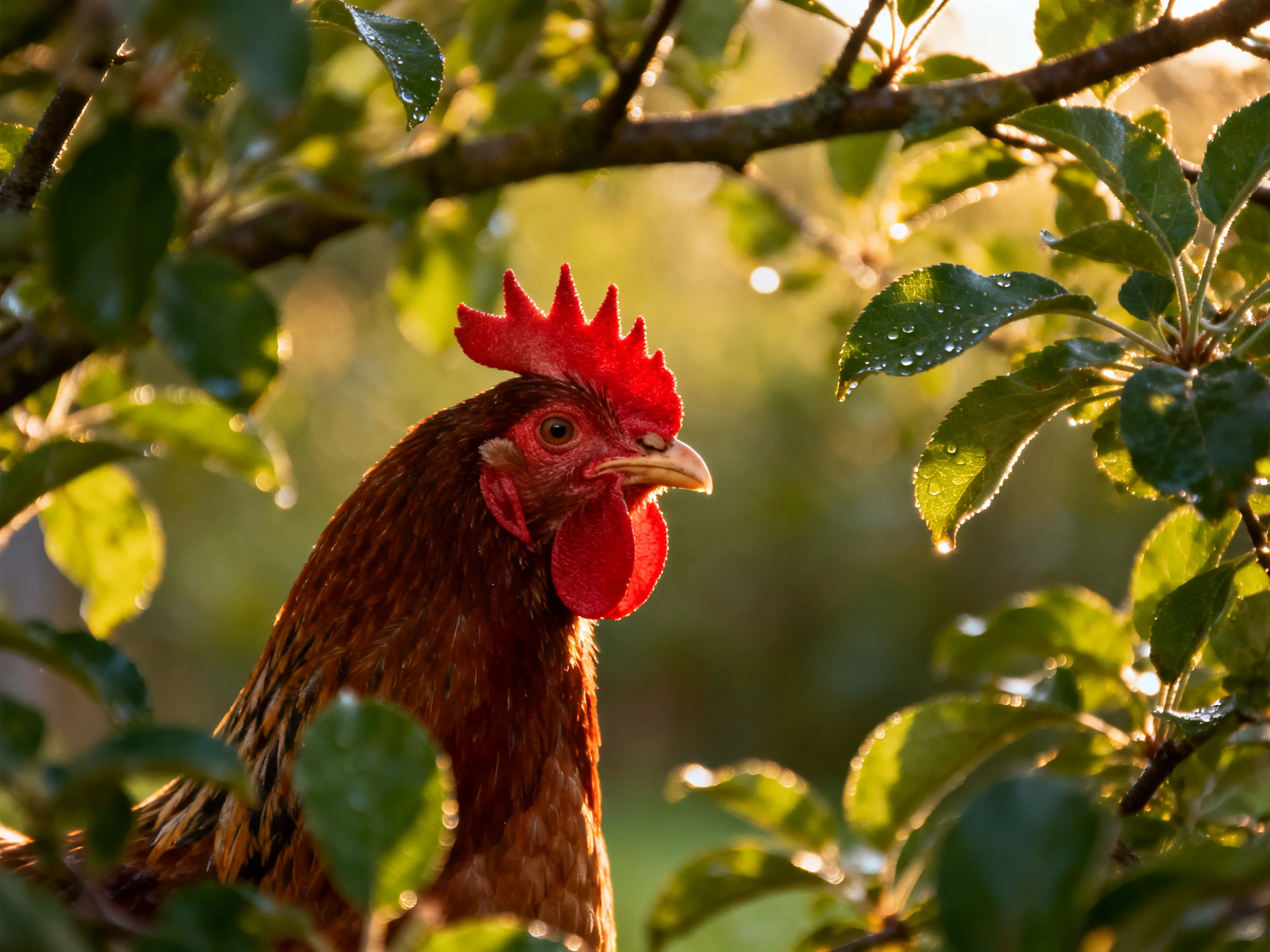 A rooster with red comb amidst sunlit green leaves