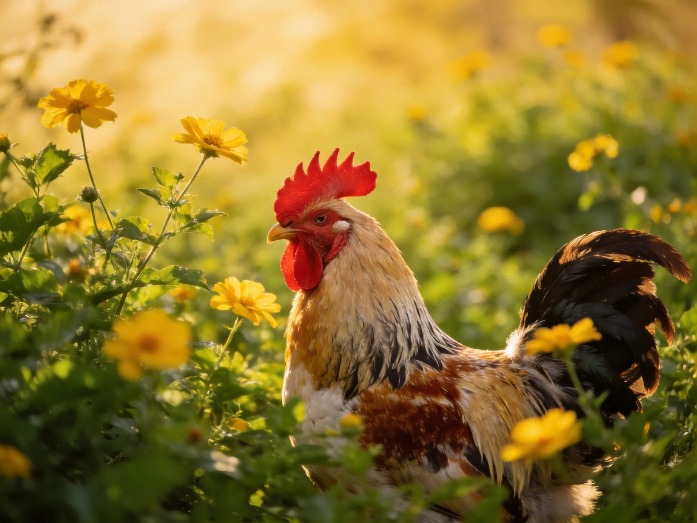 A rooster with red comb among yellow flowers in a sunlit meadow