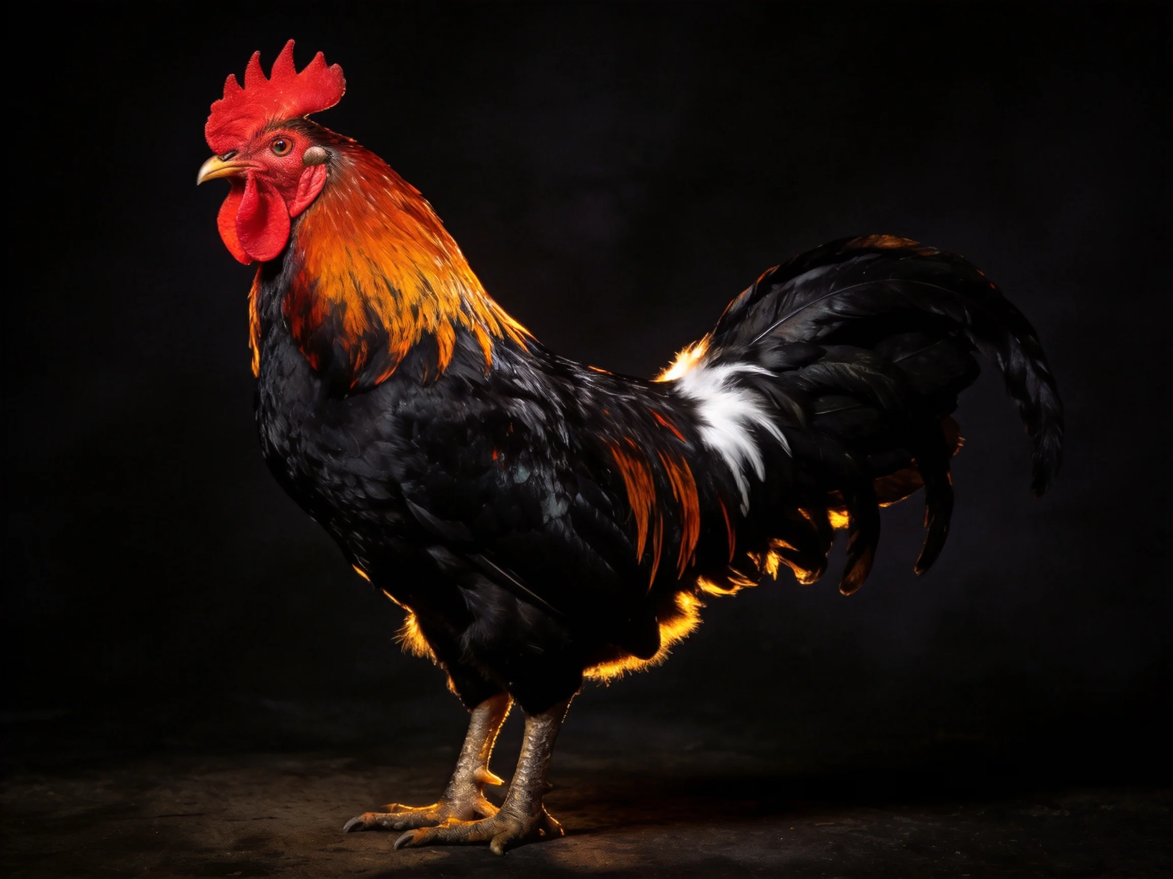 A rooster with red comb and black-orange plumage