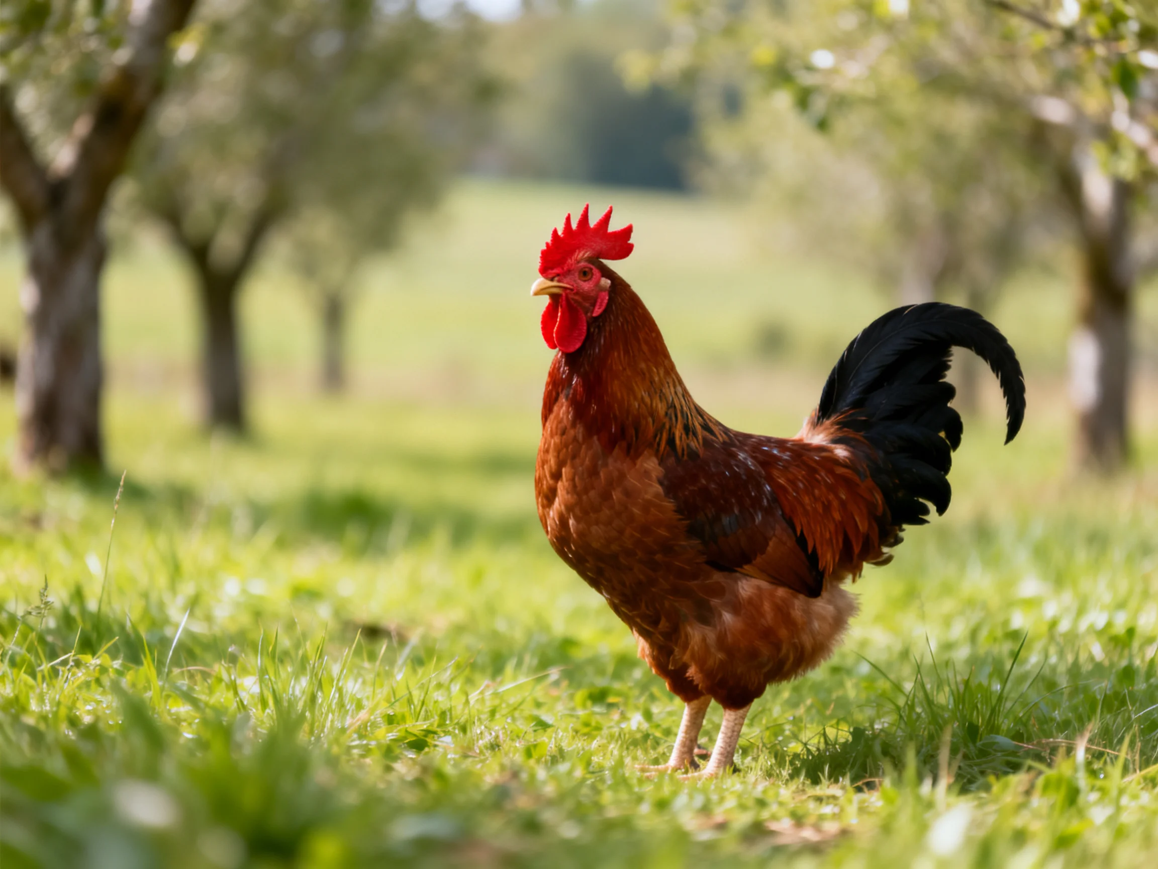 A rooster with red comb and black tail in sunlit grassy area