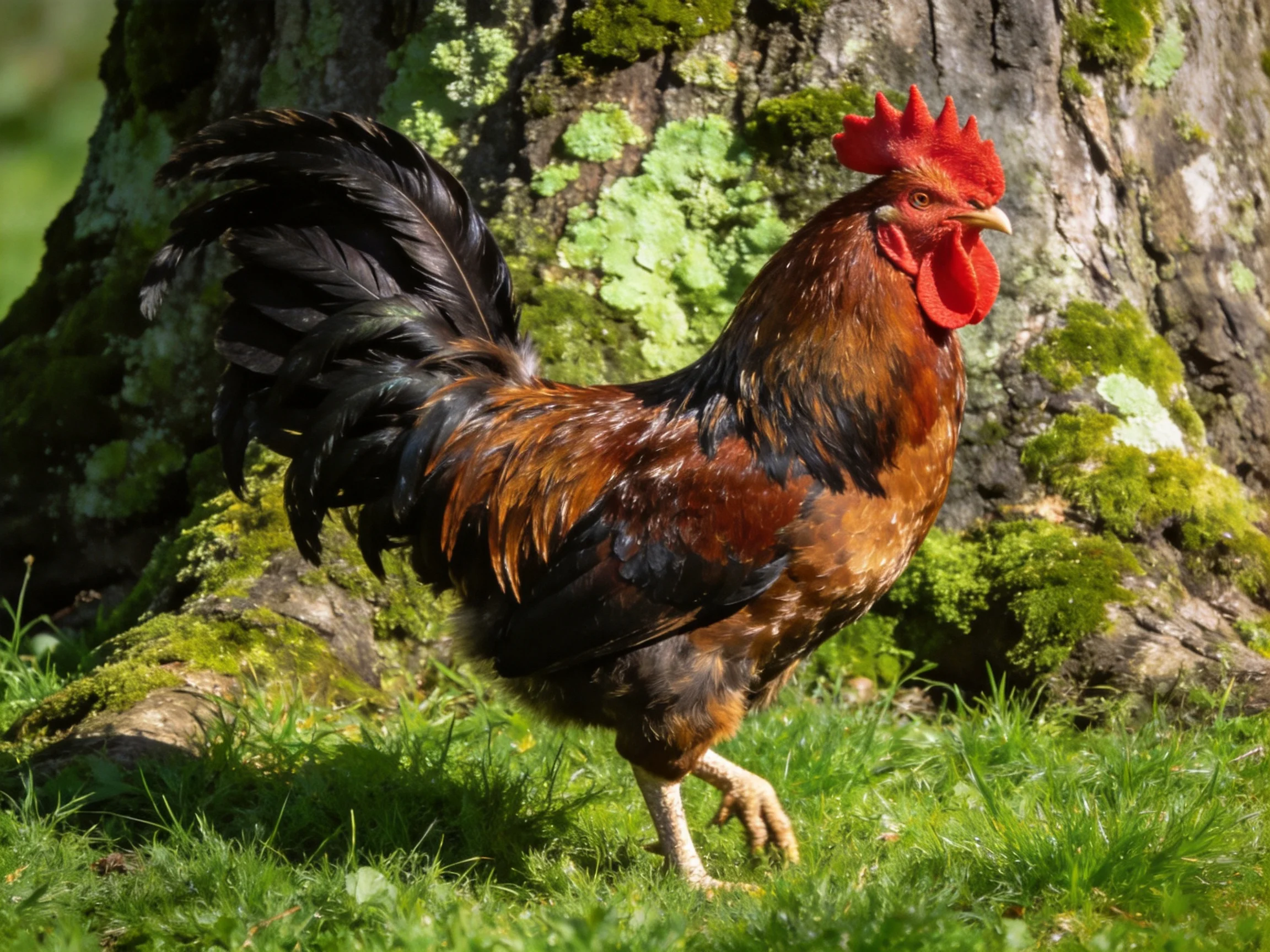 A rooster with red comb and brown-black feathers beside a mossy tree trunk