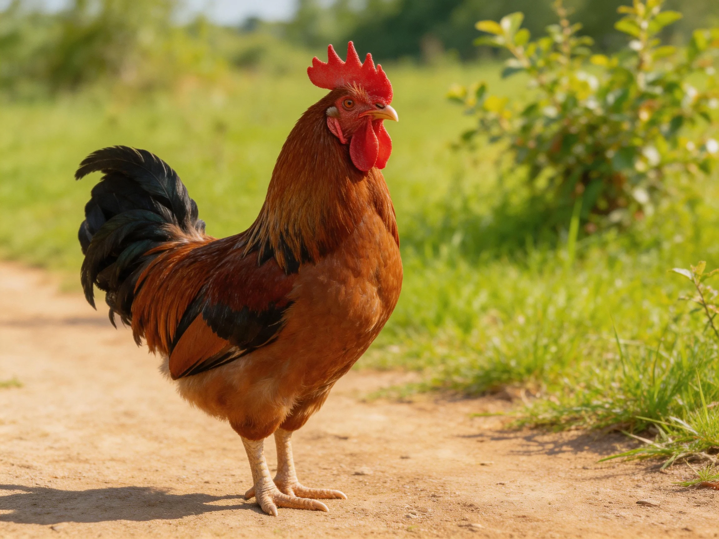 A rooster with red comb and brown-black plumage stands on a dirt path amid greenery