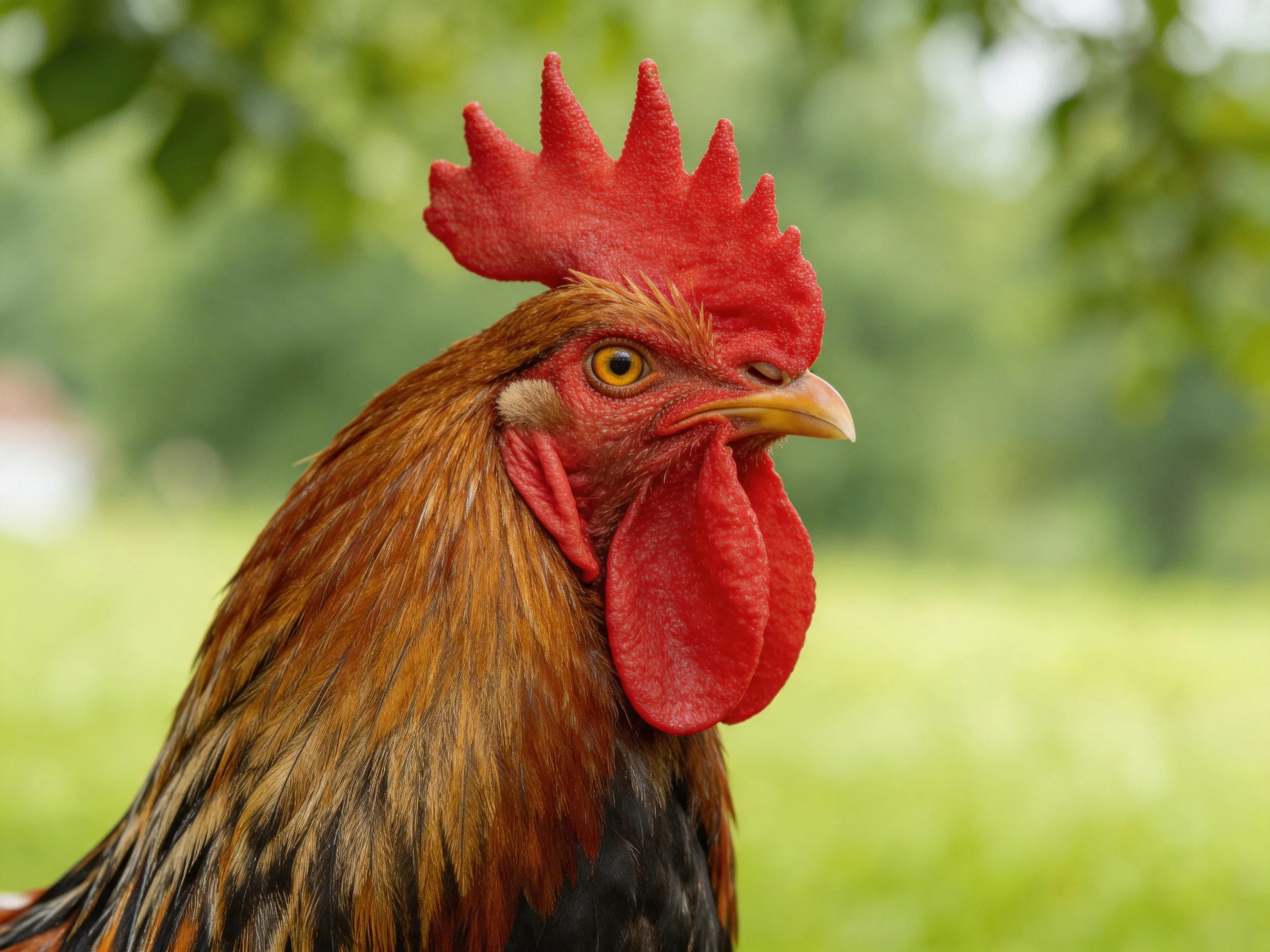 A rooster with red comb and brown feathers is situated in a green outdoor environment.