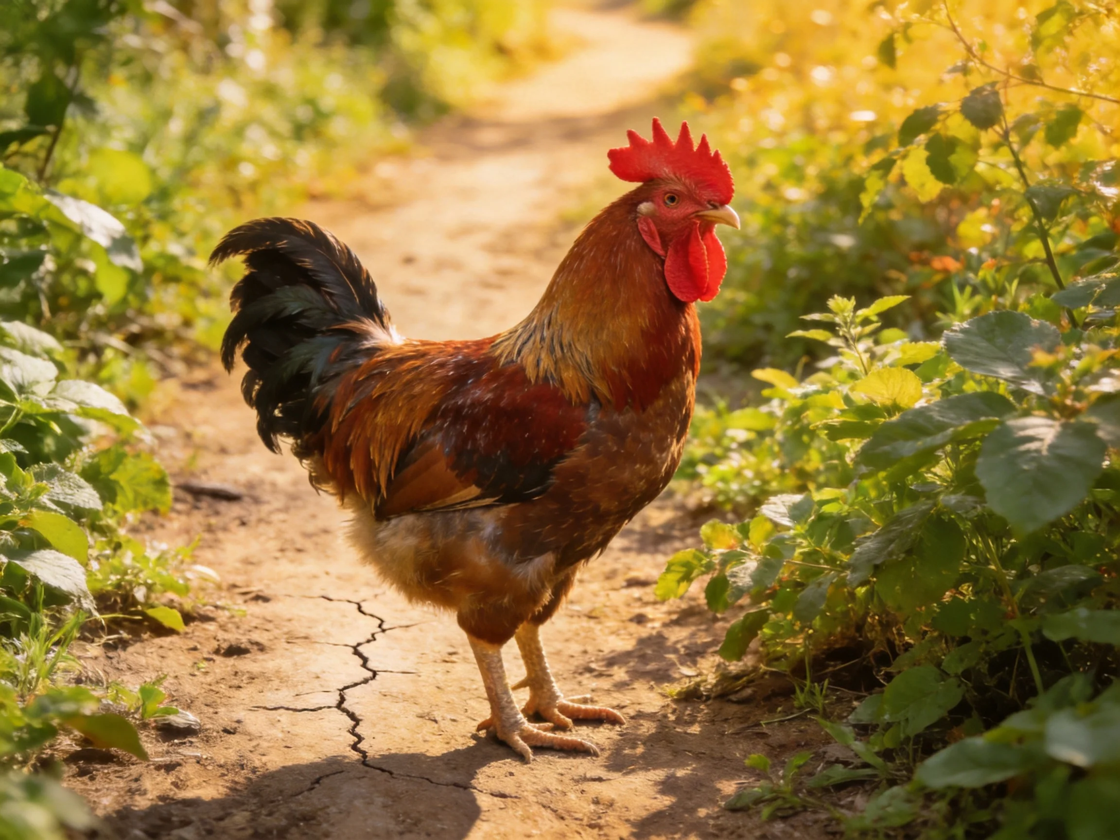 A rooster with red comb and brown feathers on a sunlit dirt path