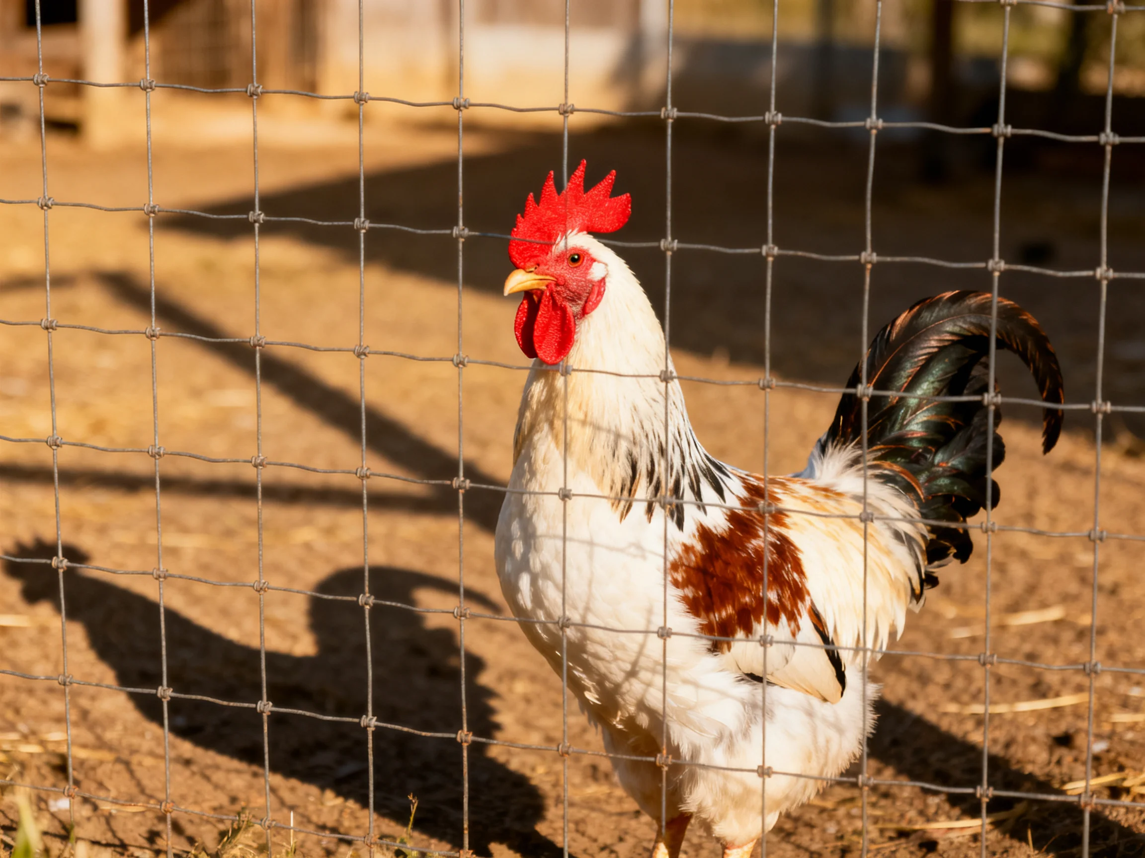 A rooster with red comb and brown patches stands behind wire fencing