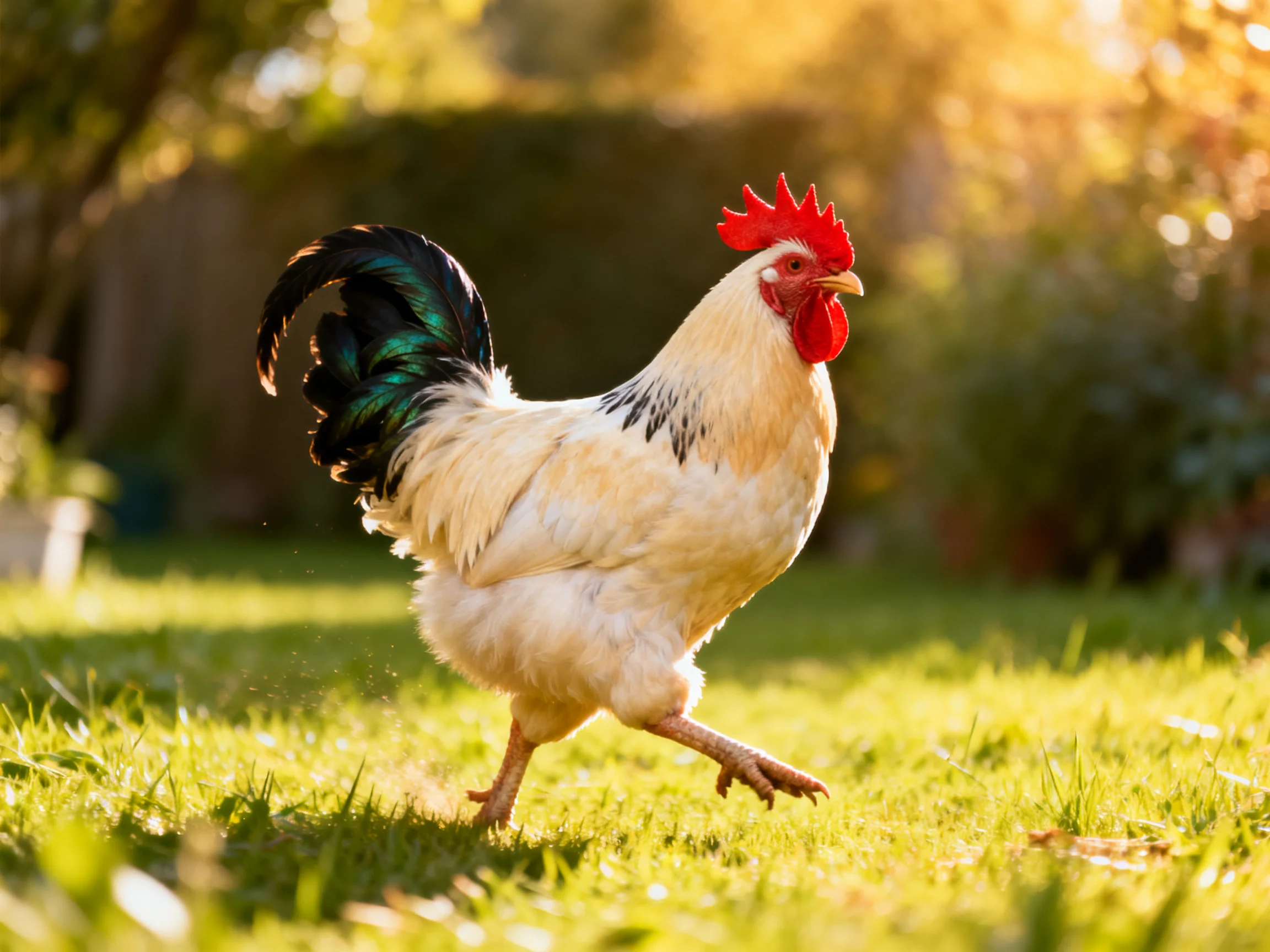 A rooster with red comb and iridescent tail struts across sunlit grass
