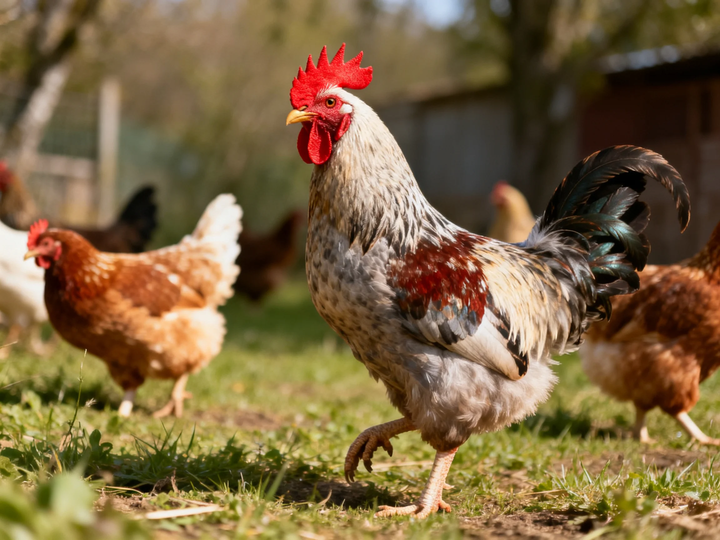 A rooster with red comb and multicolored feathers among chickens in a sunlit farmyard