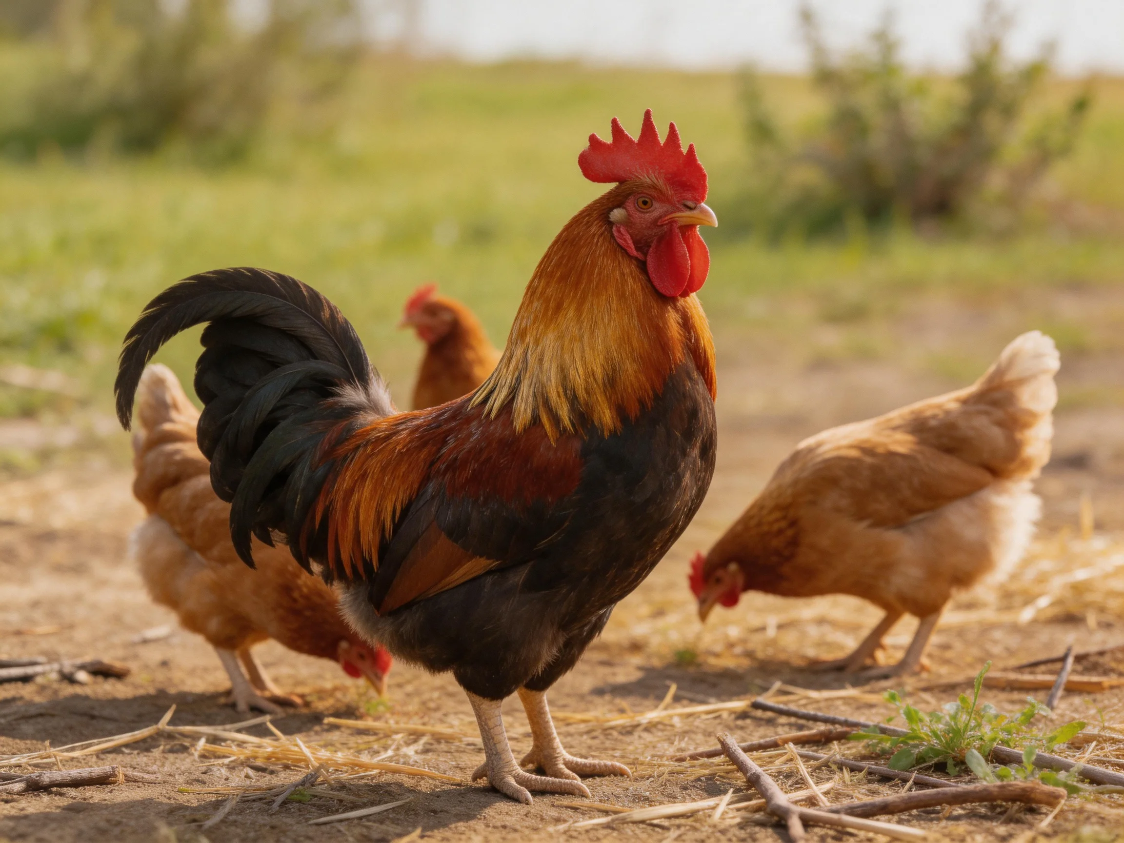 A rooster with red comb and multicolored feathers among three chickens on a sunny farm ground