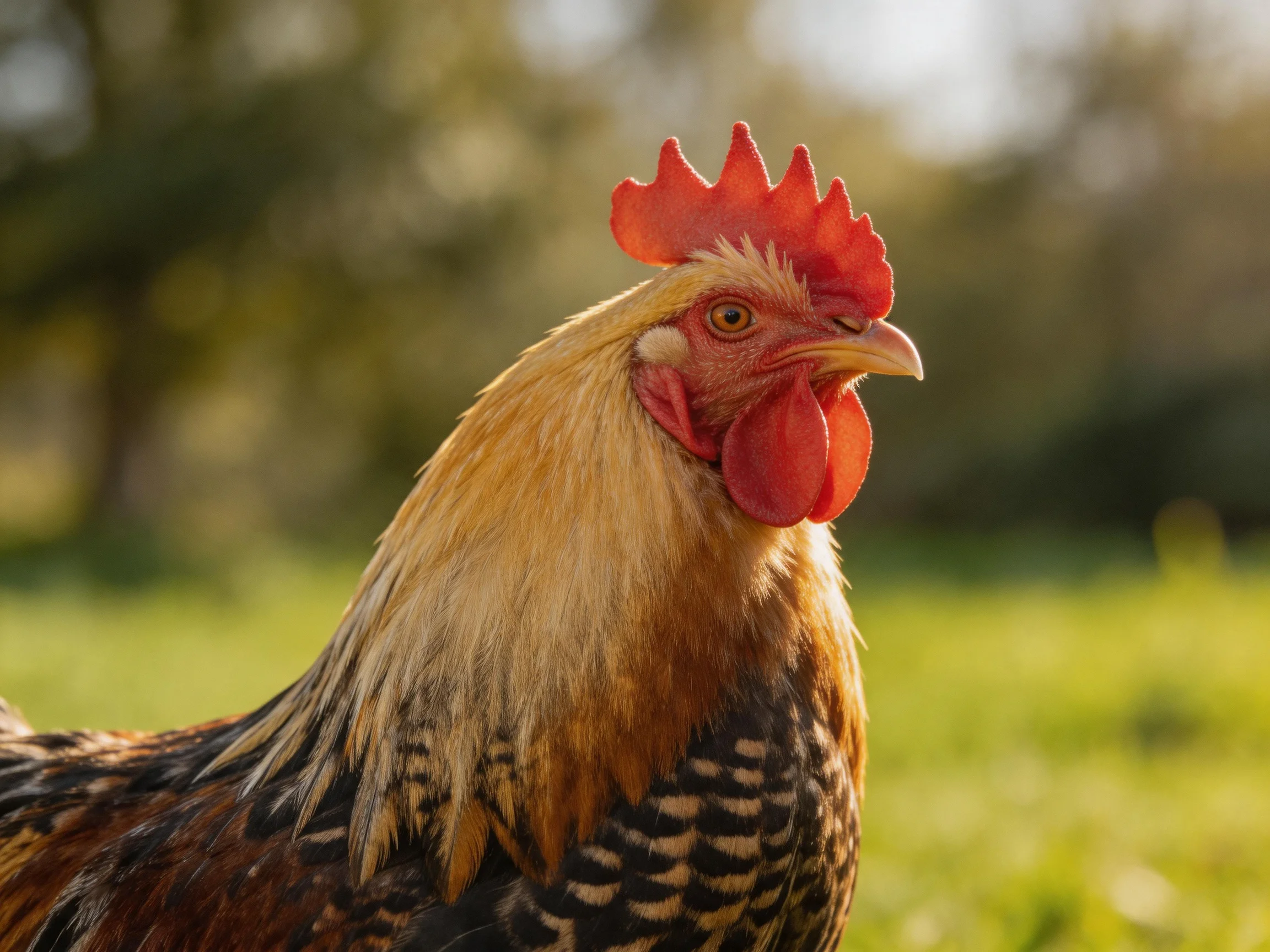 A rooster with red comb and multicolored plumage in a sunlit field