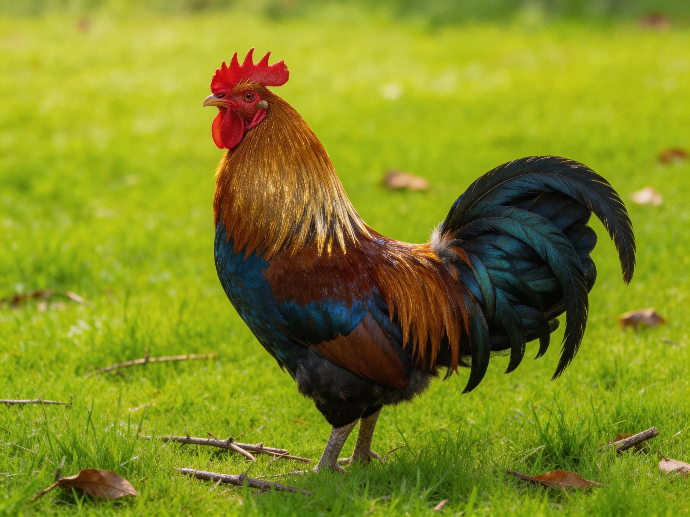 A rooster with red comb and multicolored plumage on green grass