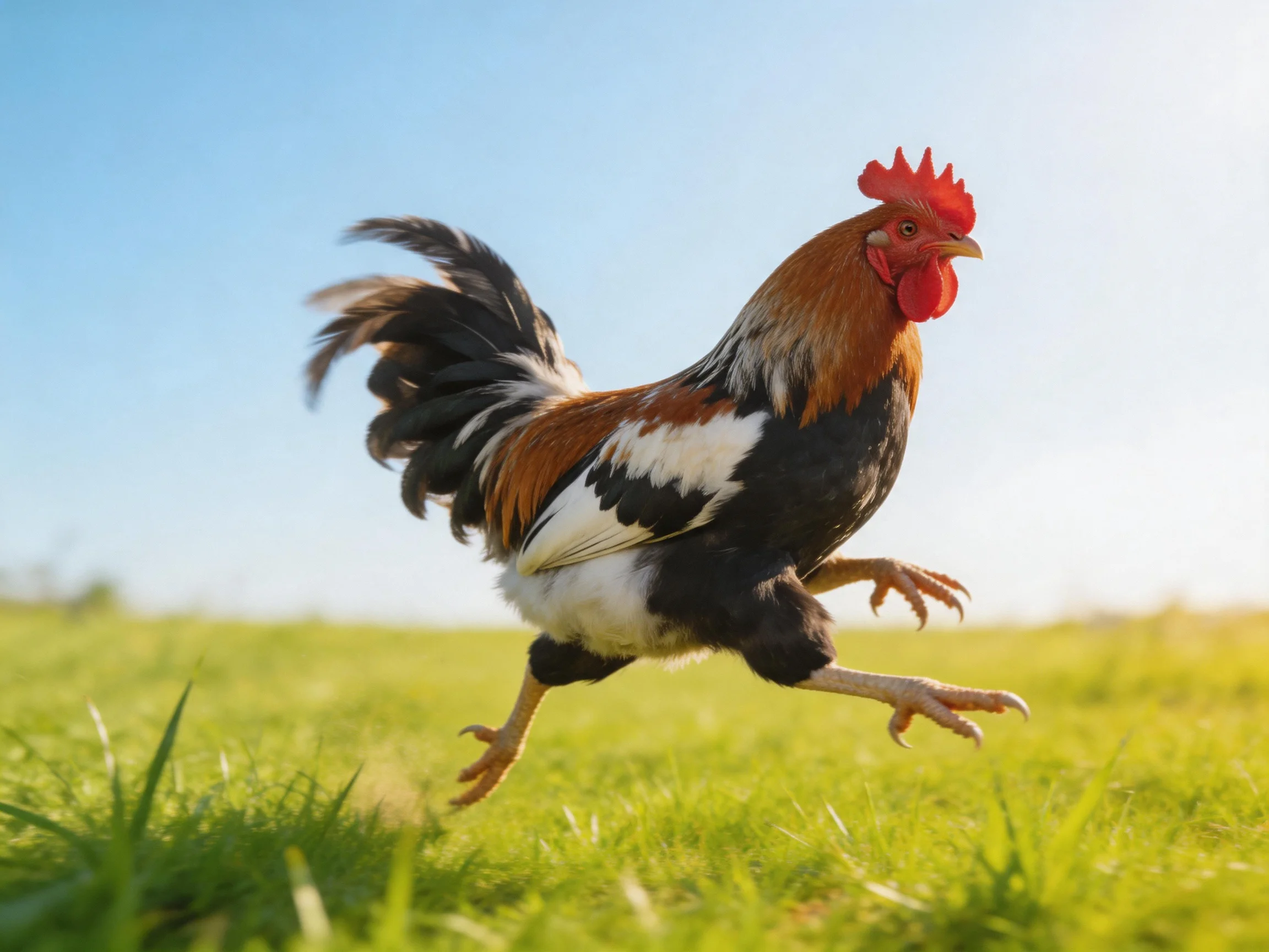 A rooster with red comb and multicolored plumage runs through green grass