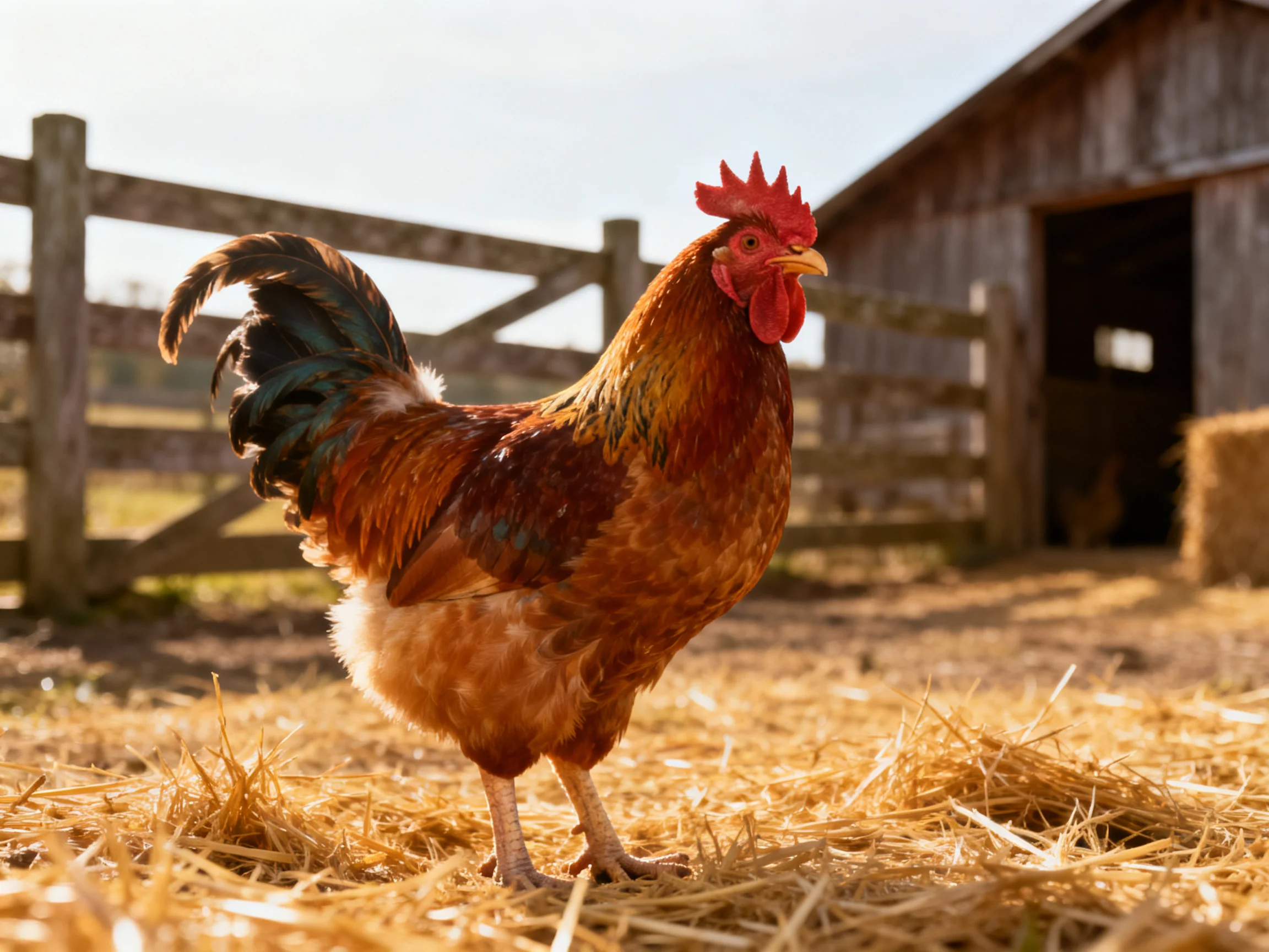 A rooster with red comb and multicolored plumage standing on straw near a barn