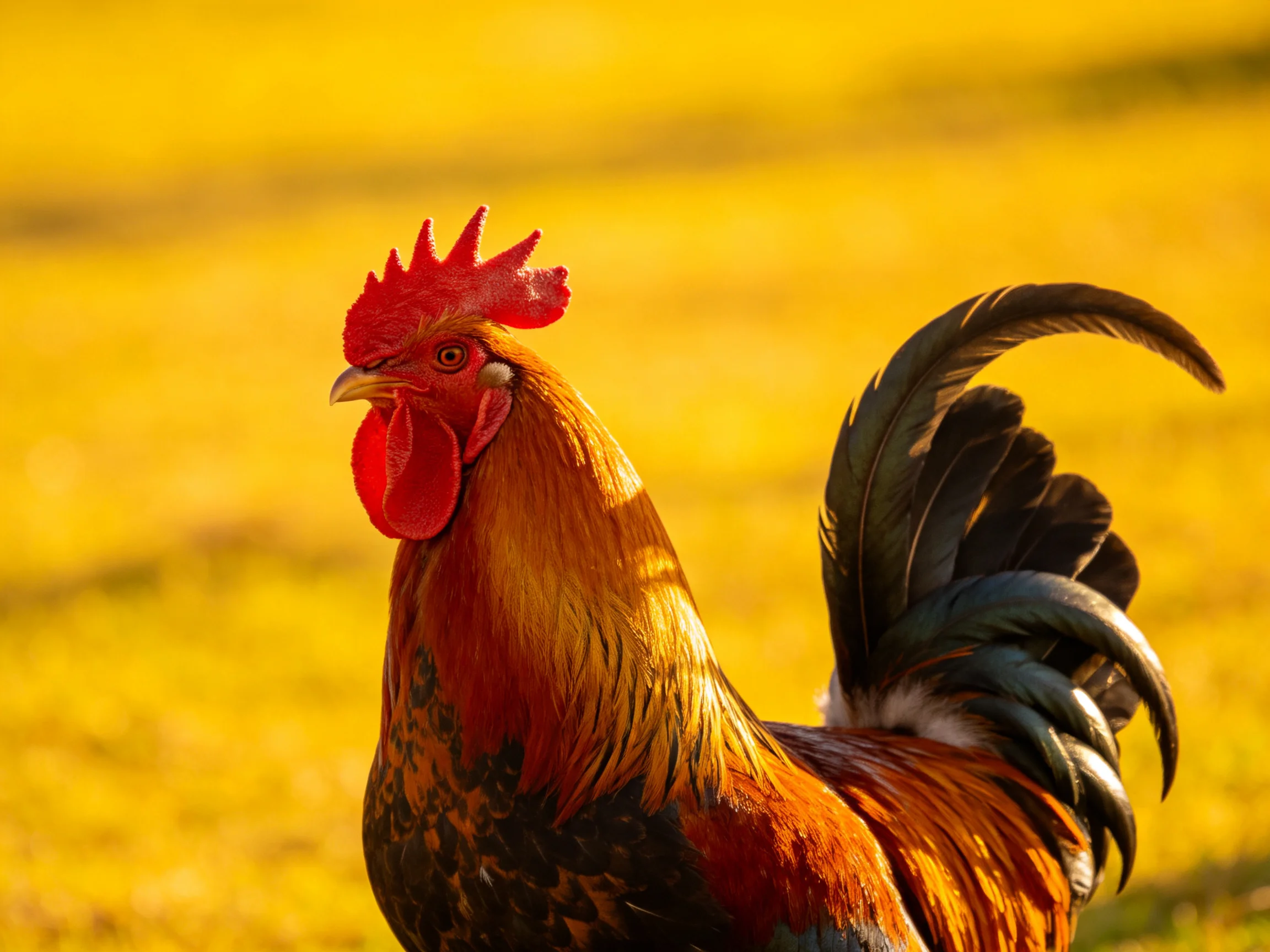 A rooster with red comb and multicolored plumage stands in golden light