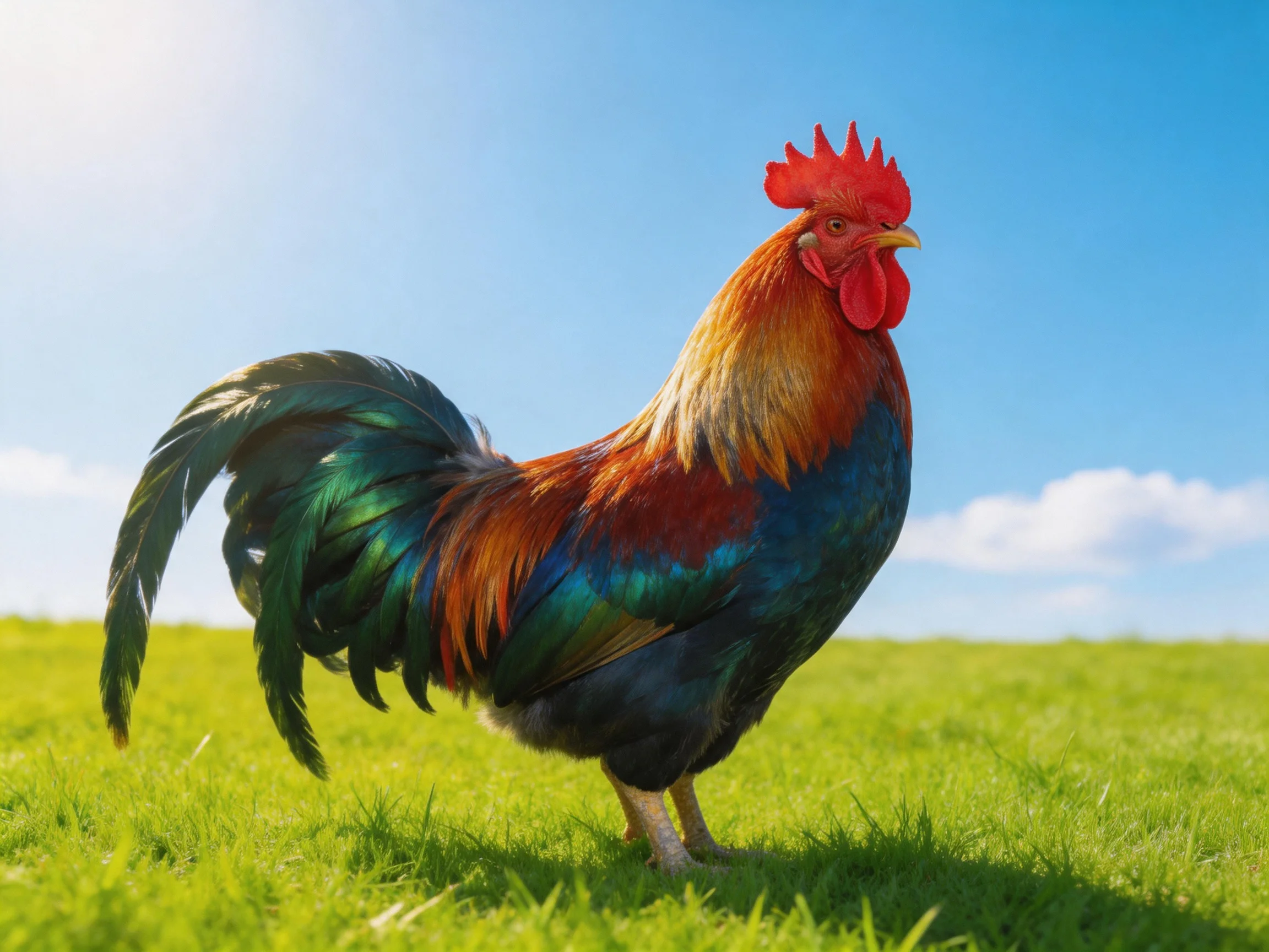 A rooster with red comb and multicolored plumage stands on lush green grass