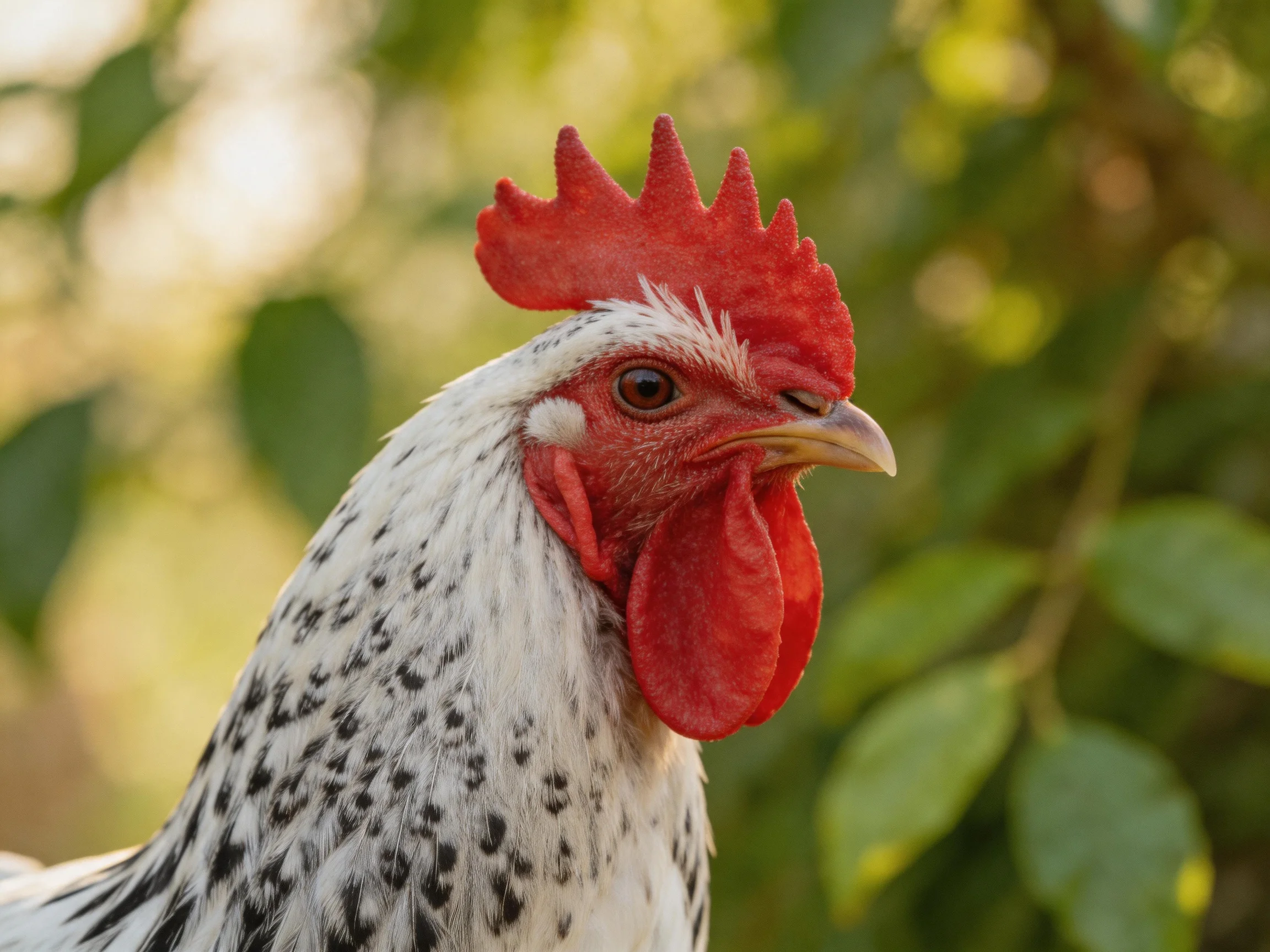 A rooster with red comb and speckled feathers near green foliage