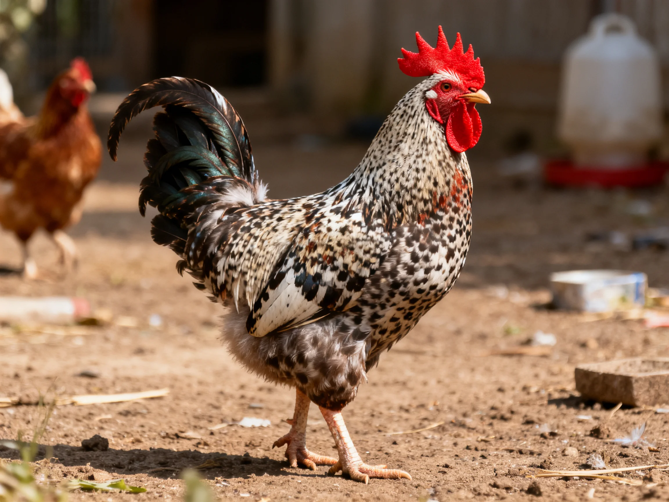 A rooster with colorful plumage stands on dirt ground next to a brown hen in an outdoor farm setting.