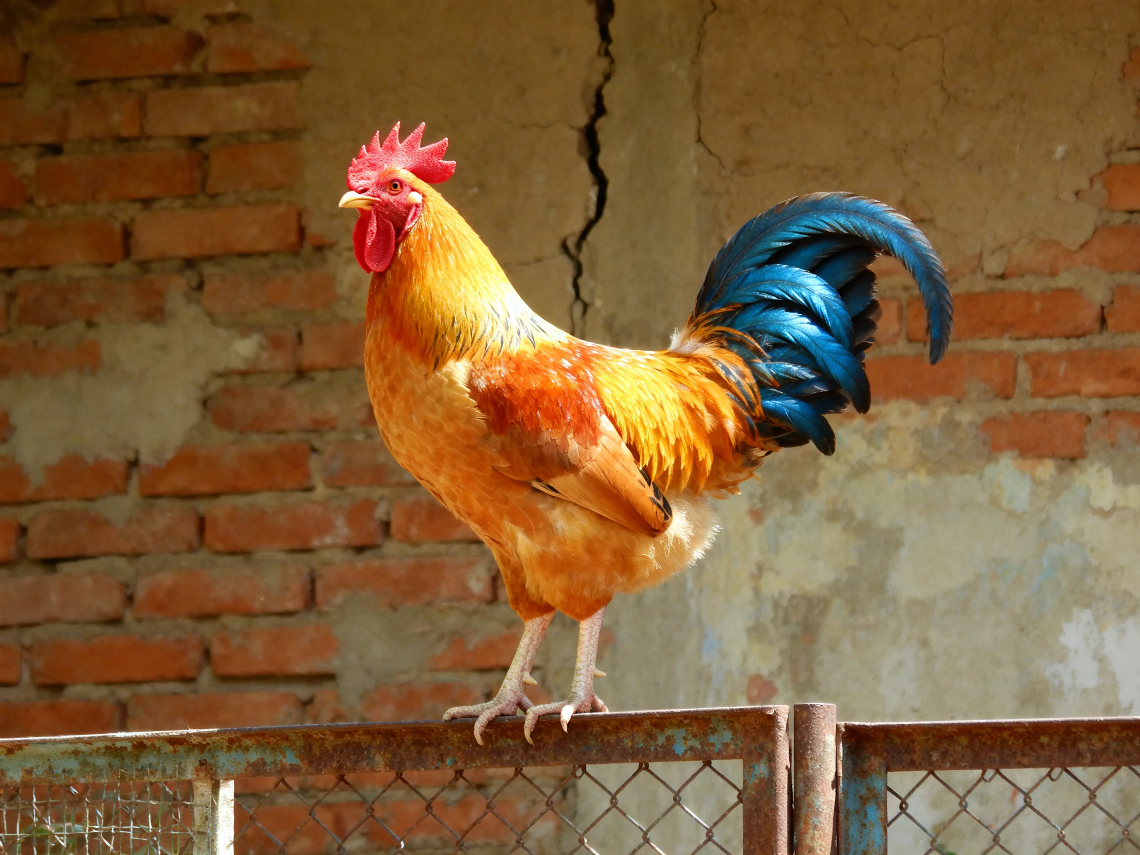 A rooster with red comb, blue tail, and golden-orange plumage perched on a rusty fence